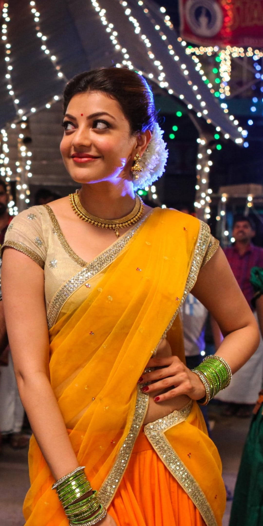 Kajal Agarwal, vibrant yellow and orange saree, gold embroidery, Full HD Phone Wallpaper