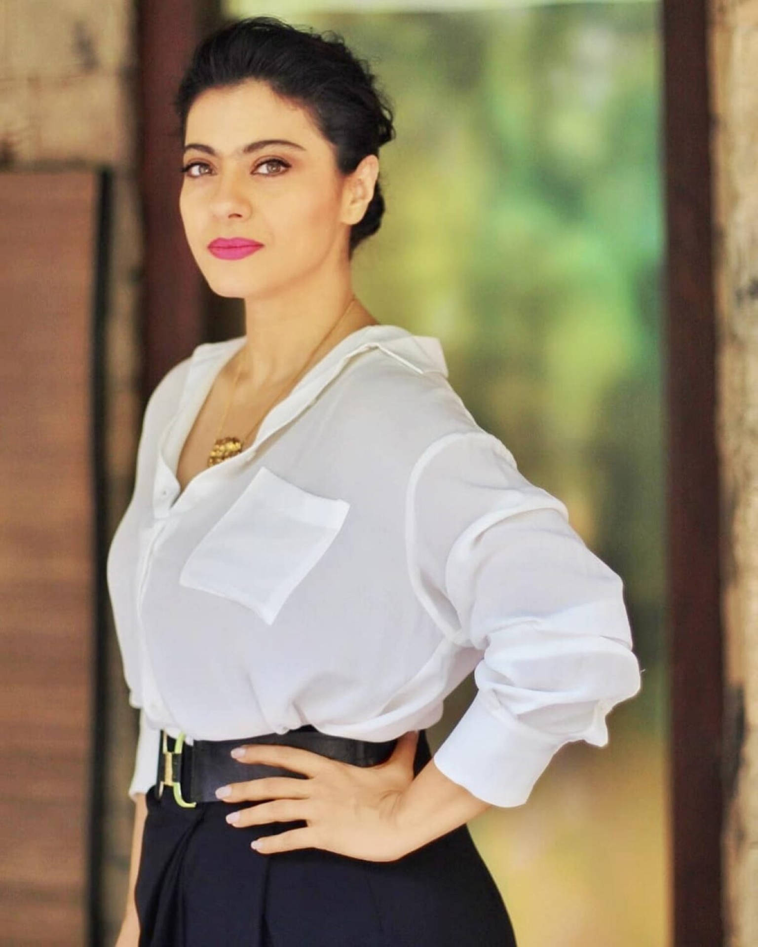 Kajol, white blouse, dark pants, Full HD Phone Wallpaper