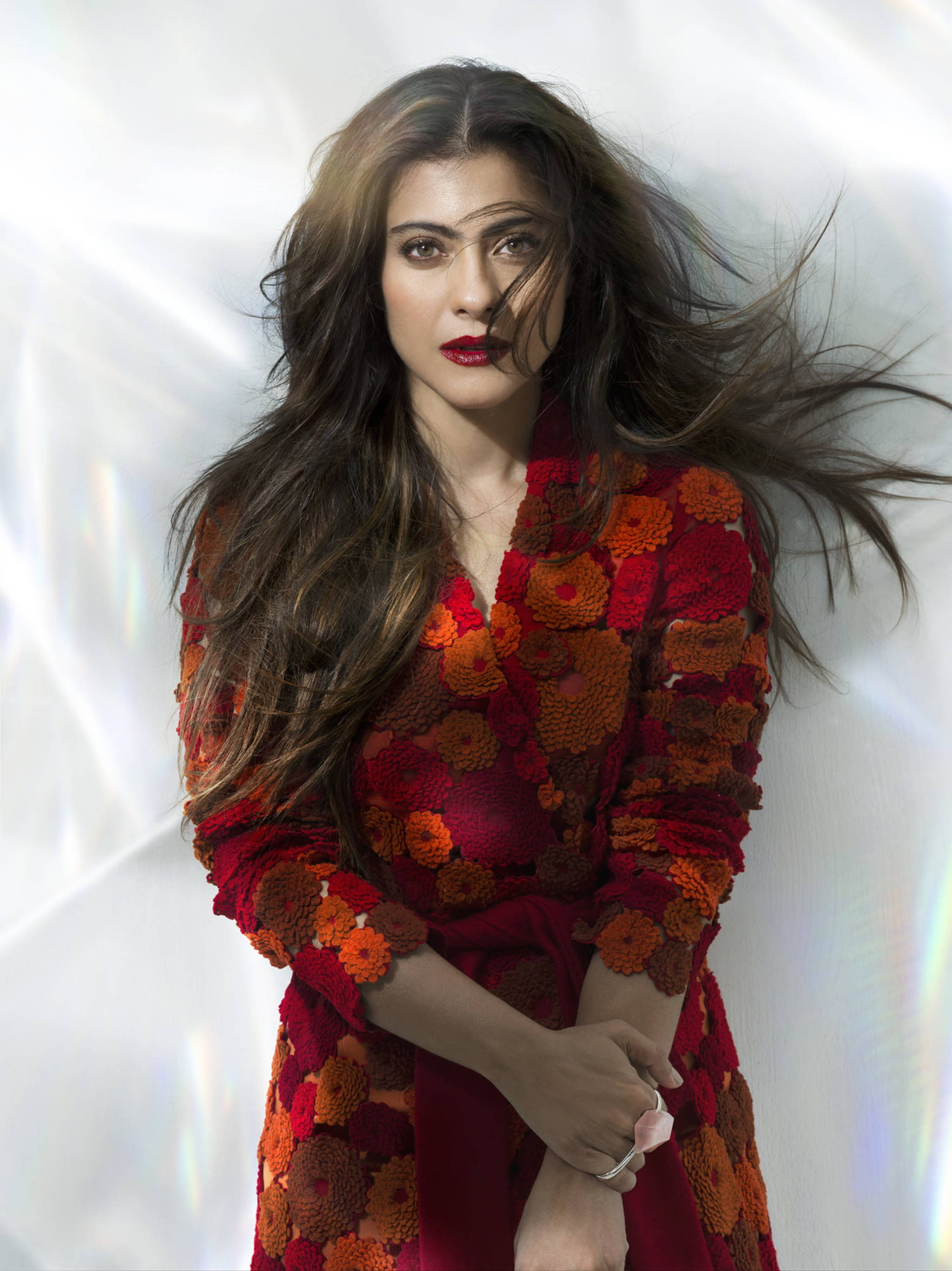 Kajol, floral dress, red and orange floral dress, 2K Phone Wallpaper