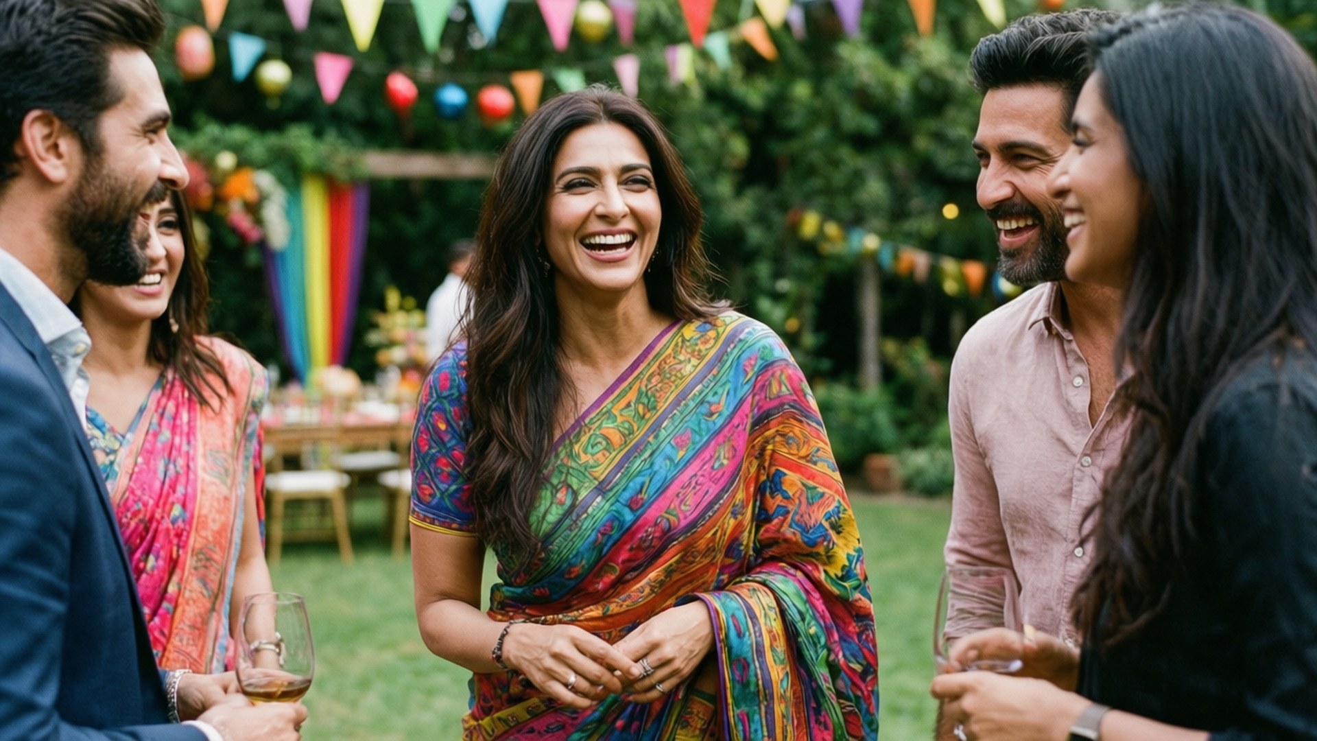 Kajol, garden party, festive string lights, Full HD Desktop Wallpaper