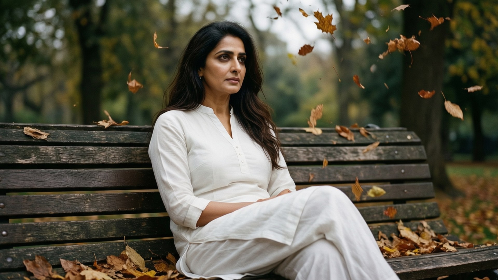 Kajol, autumn park, wooden bench, Full HD Desktop Wallpaper
