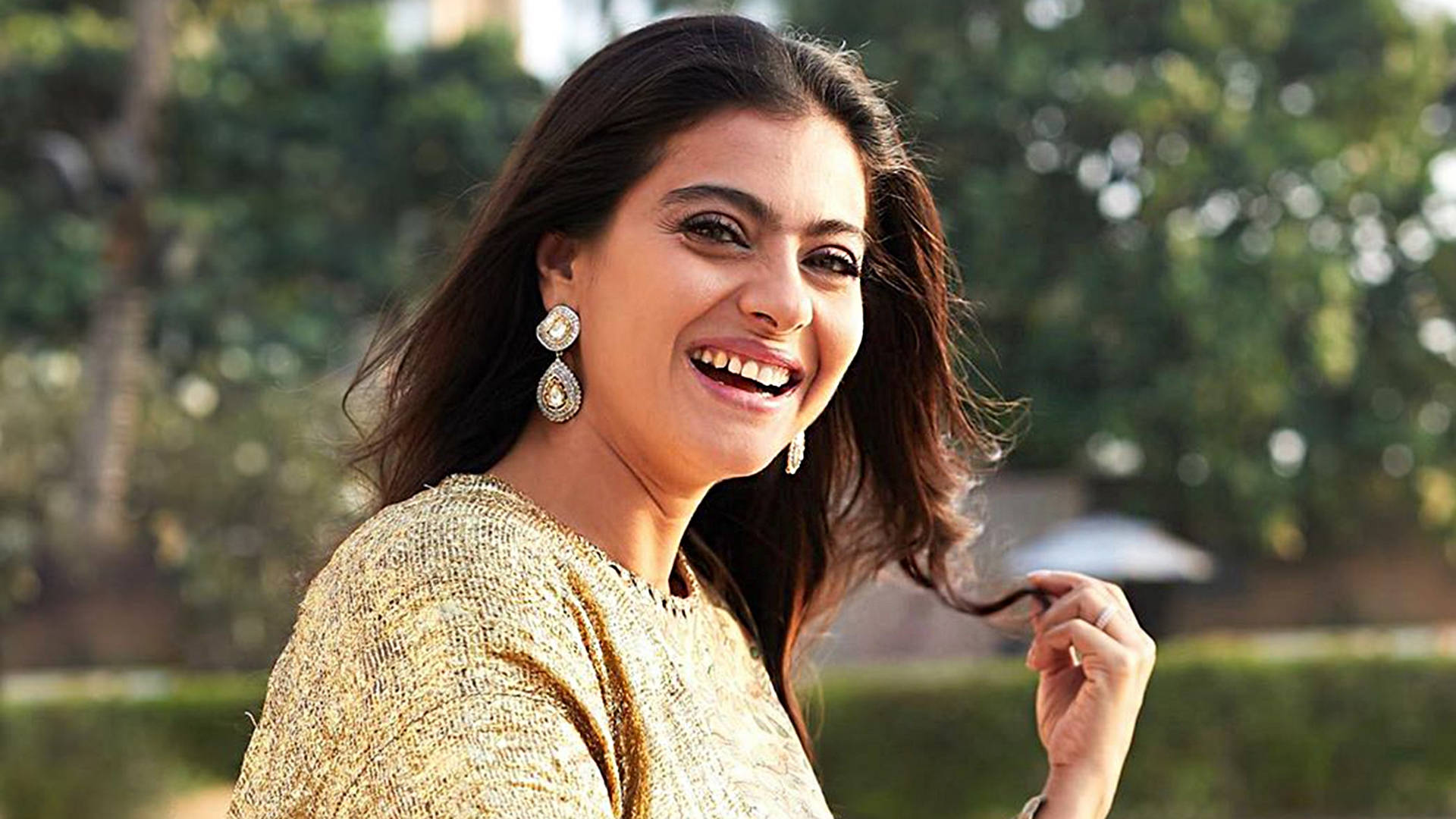 Kajol, gold top, lush greenery, Full HD Desktop Wallpaper
