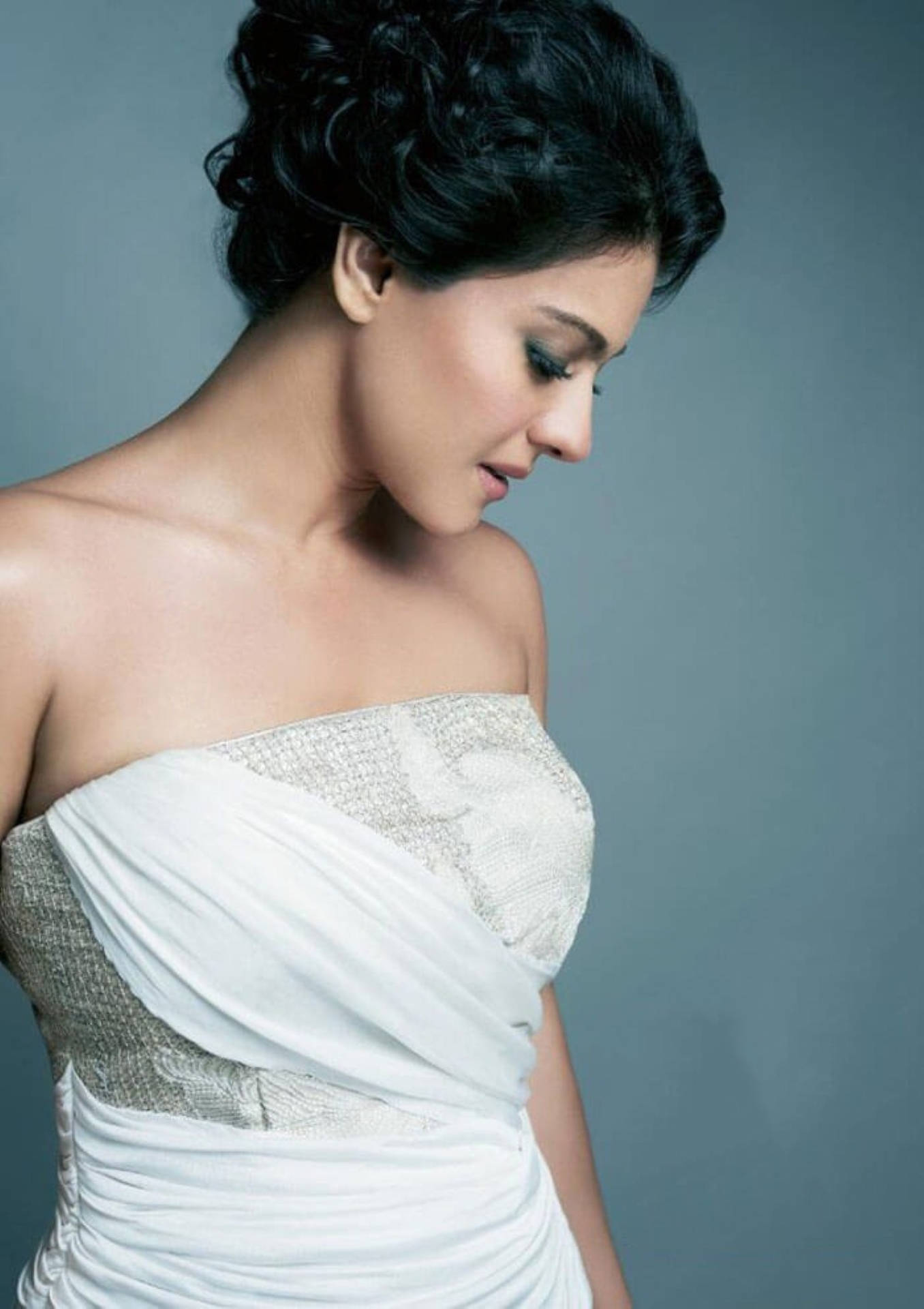 Kajol, white strapless dress, dark curly hair, Full HD Phone Wallpaper