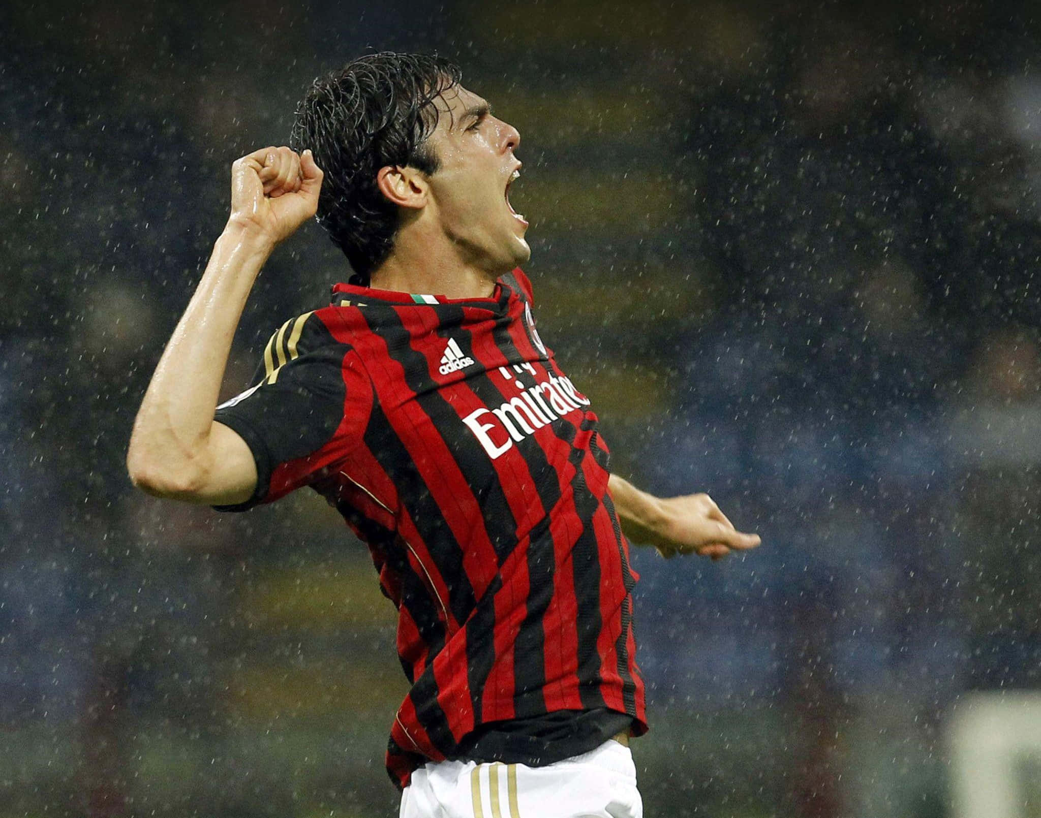 Kaká, red and black striped jersey, rain, Full HD Desktop Wallpaper