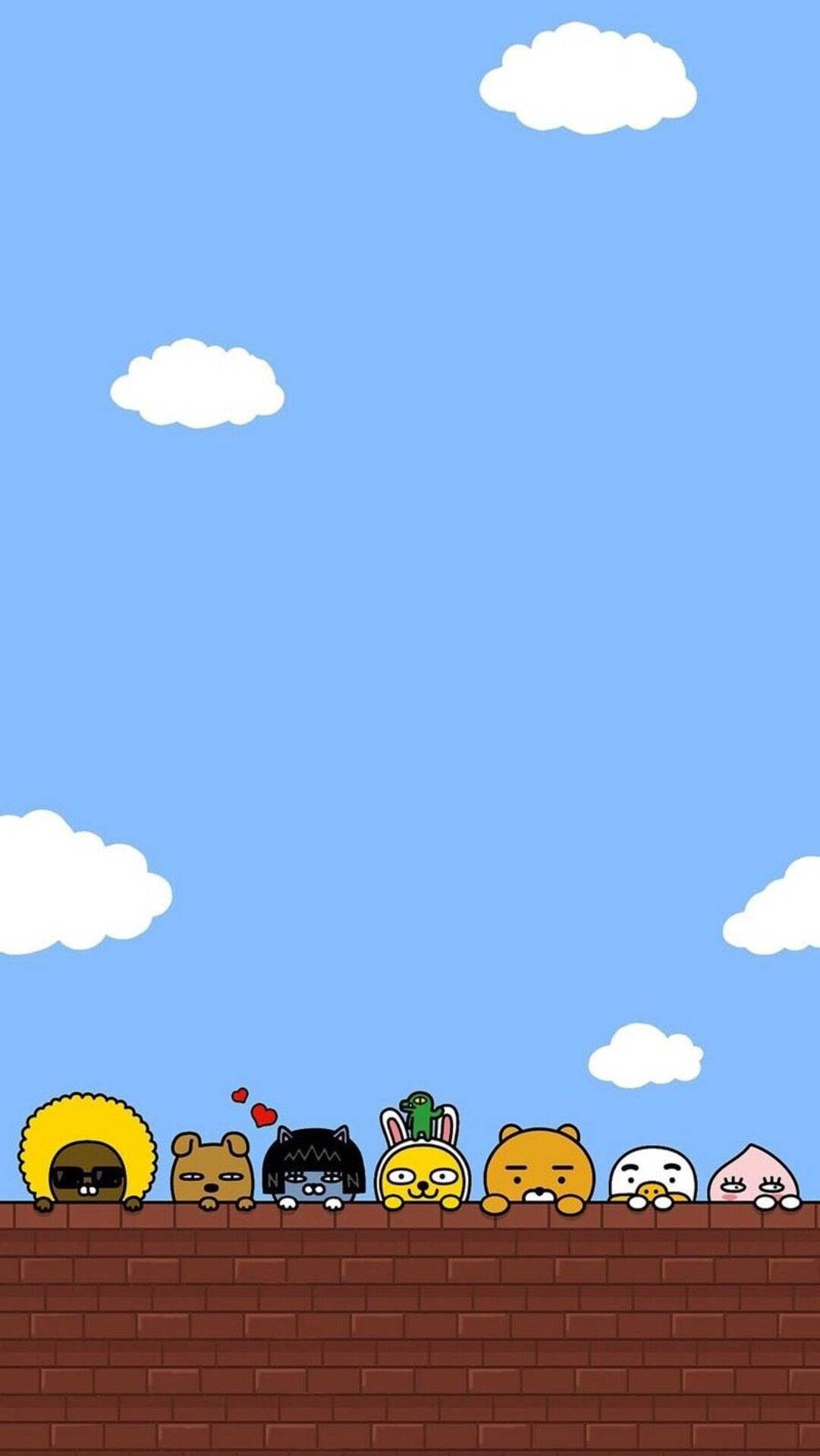 Kakao Friends, Peeking, brick wall, Full HD Phone Wallpaper