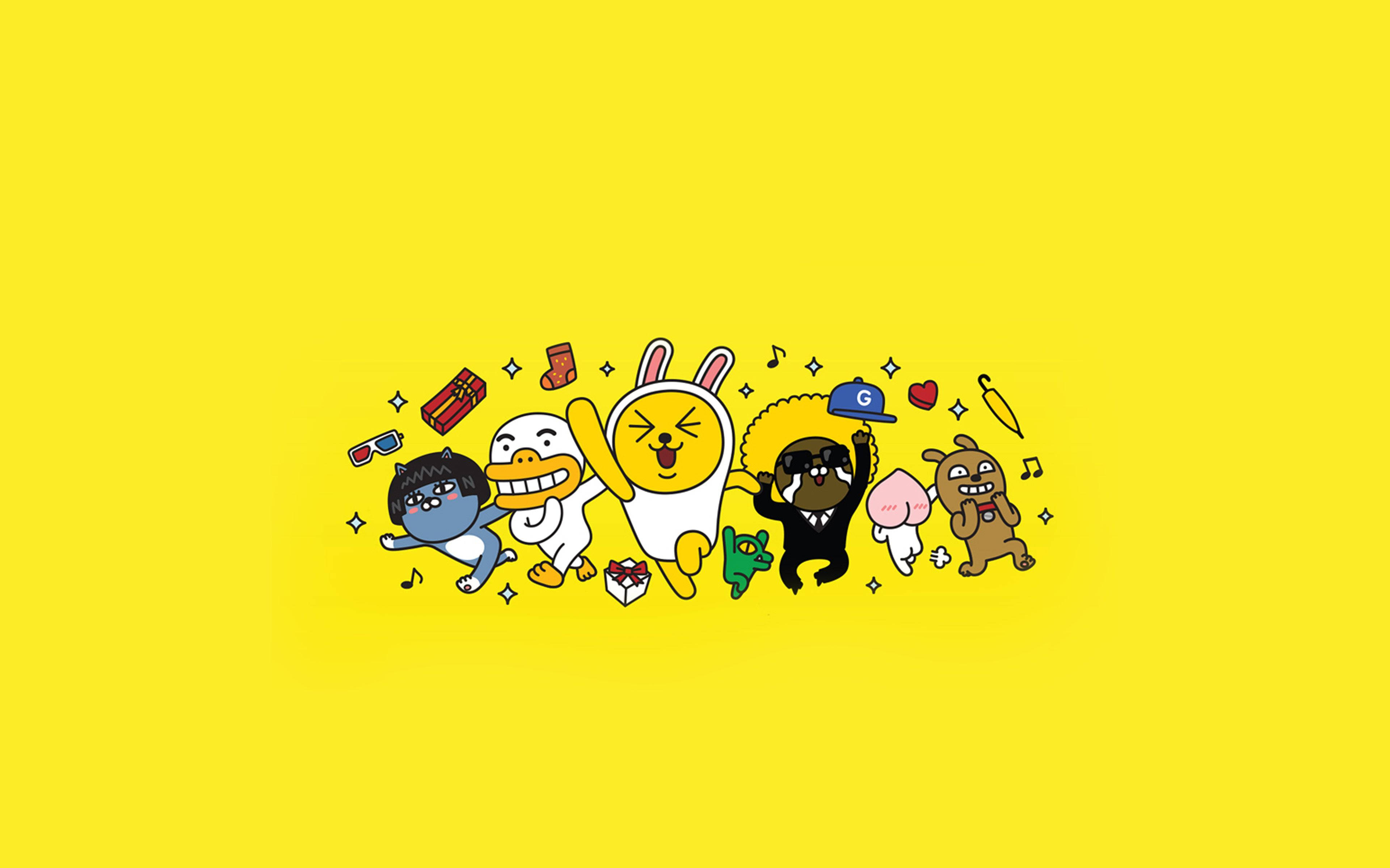 Kakao Friends, vibrant yellow background, cheerful cartoon characters, 4K Desktop Wallpaper