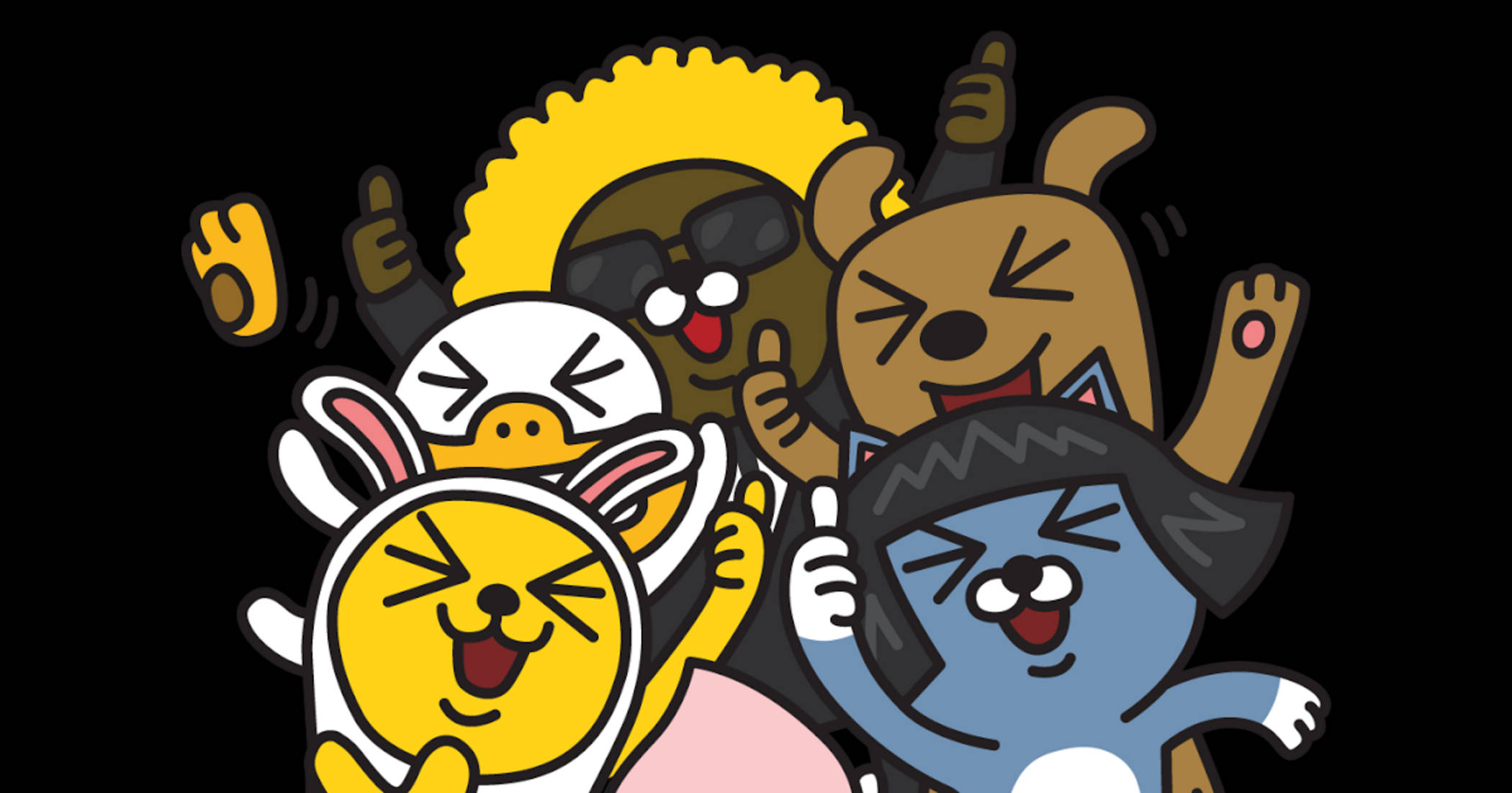 Kakao Friends, five cheerful cartoon animals, exaggerated expressions, Full HD Desktop Wallpaper