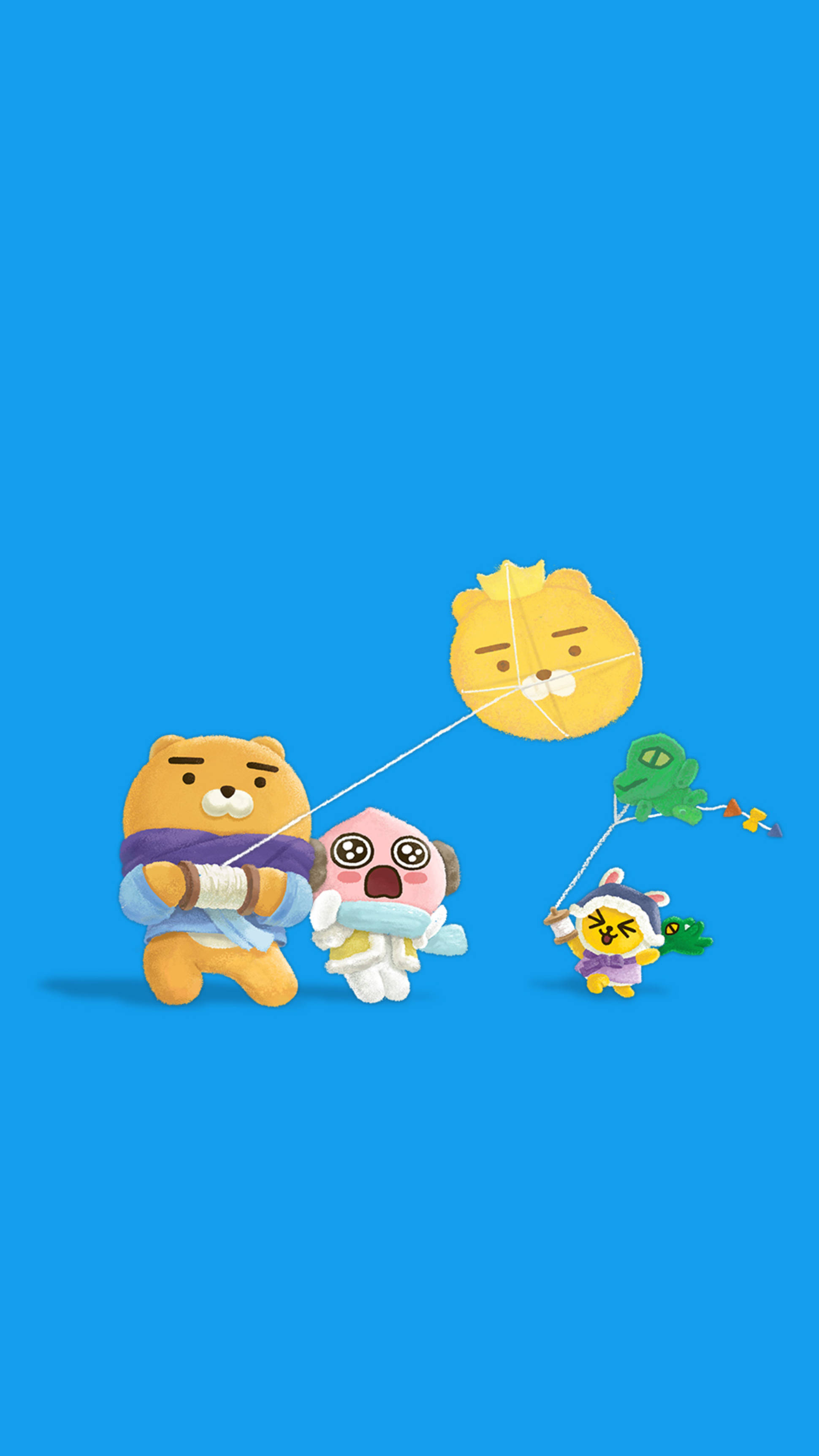 Kakao Friends, kites, solid blue background, 2K Phone Wallpaper