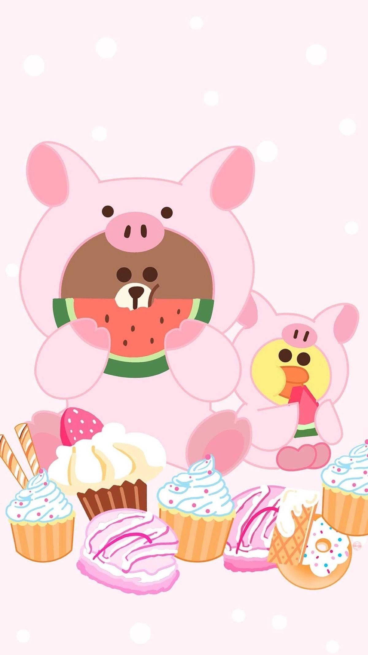 Kakao Friends, cartoon bear, pink pig costume, Full HD Phone Wallpaper