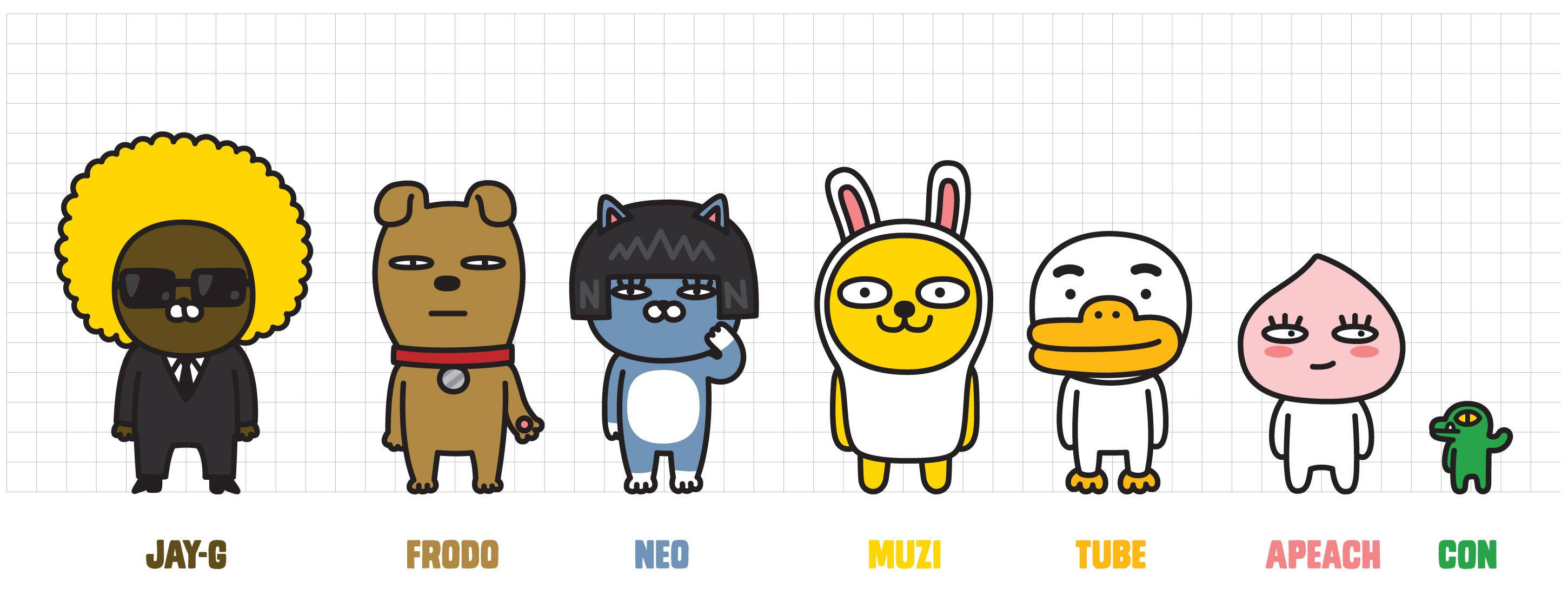 Kakao Friends, cartoon characters, distinct hairstyles, 2K Desktop Wallpaper