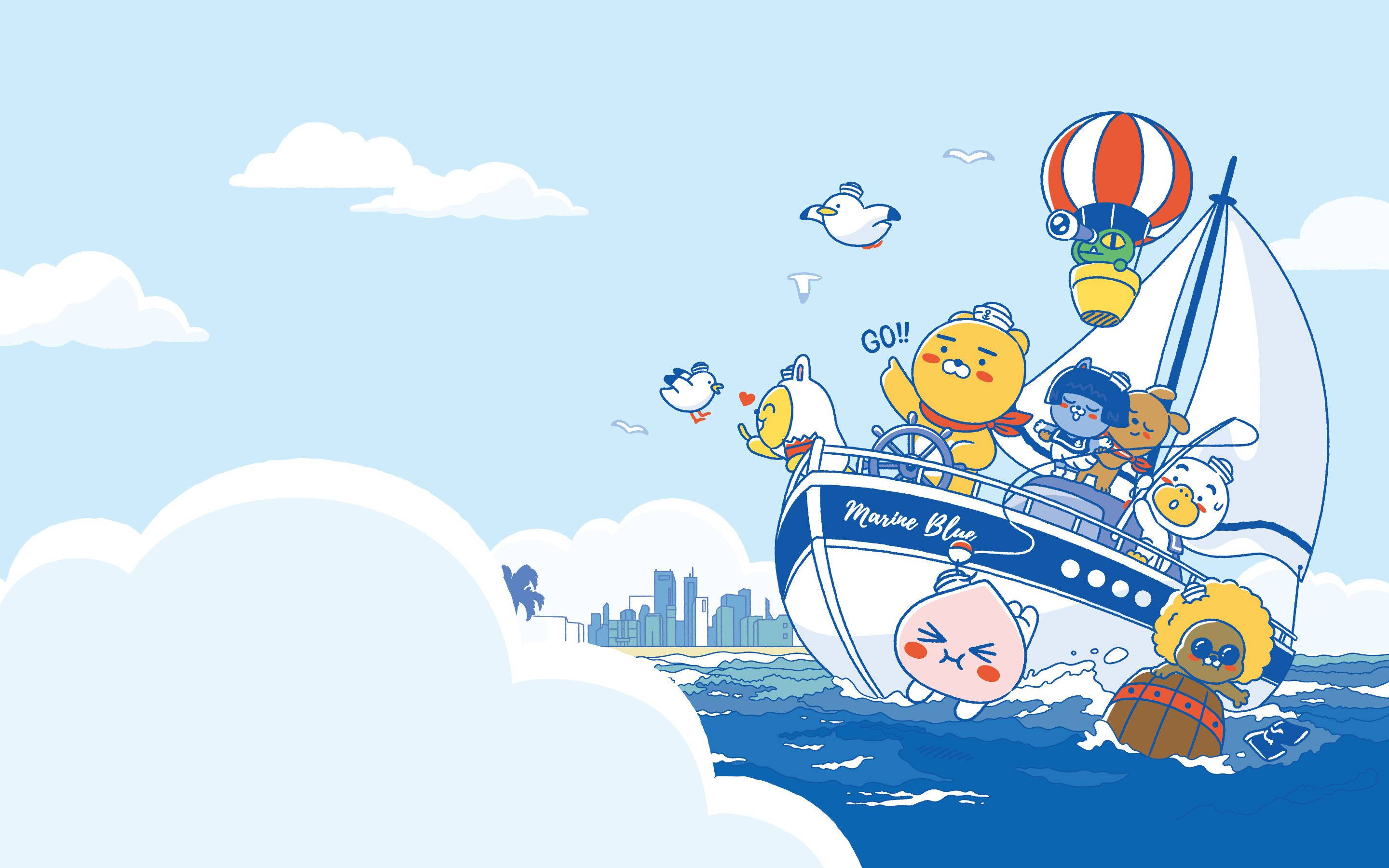 Kakao Friends, Marine Blue, blue boat, 2K Desktop Wallpaper