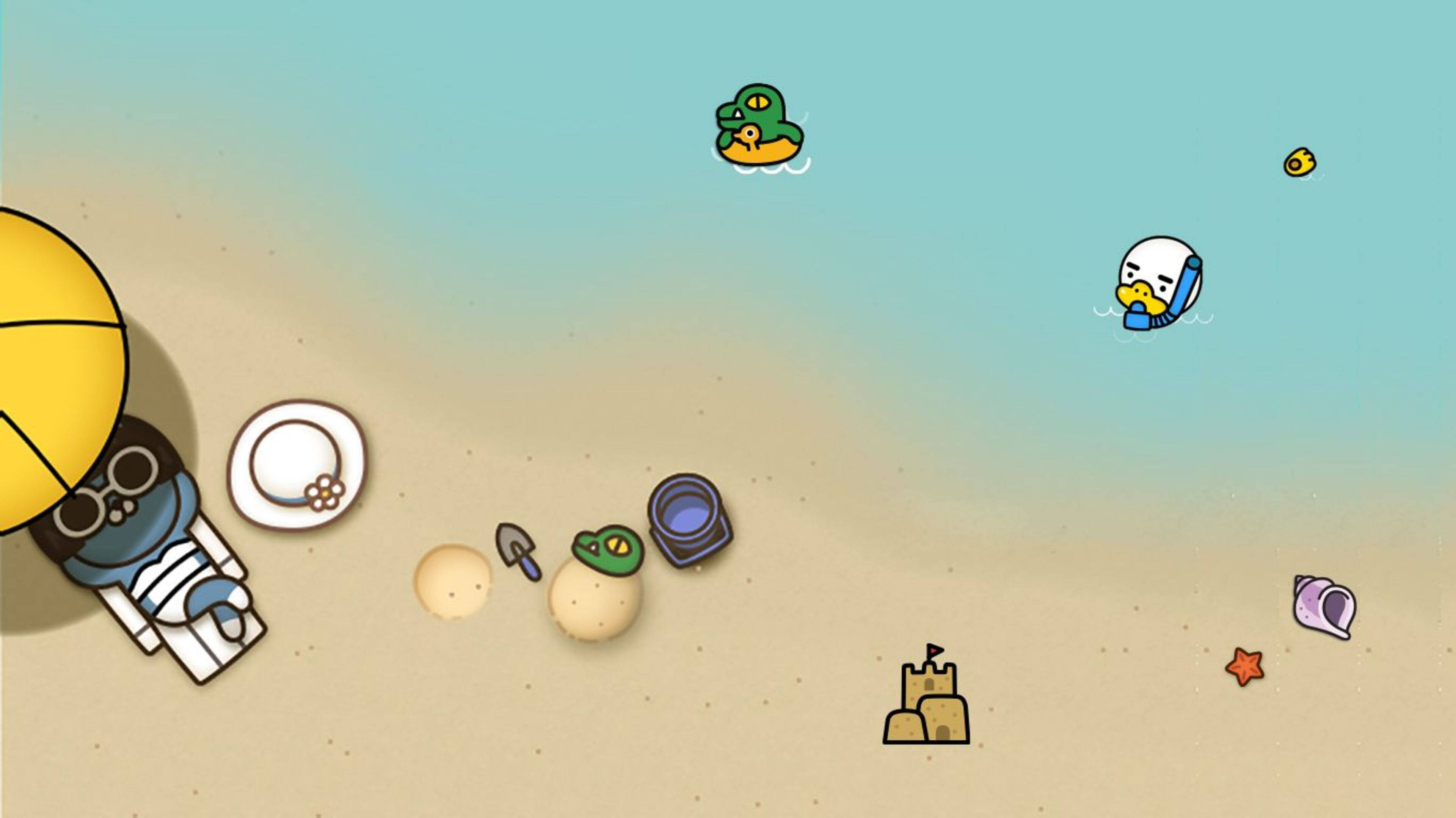 Kakao Friends, yellow umbrella, sandy beach, 4K Desktop Wallpaper