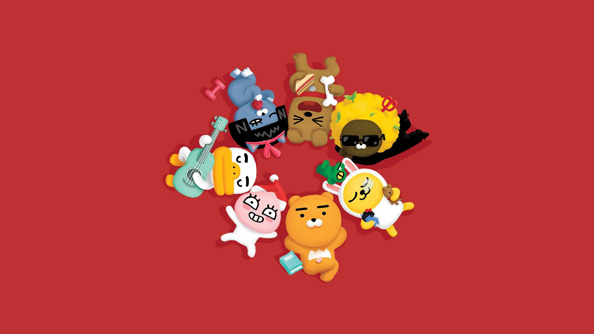 Kakao Friends, colorful cartoon characters, solid red background, Full HD Desktop Wallpaper