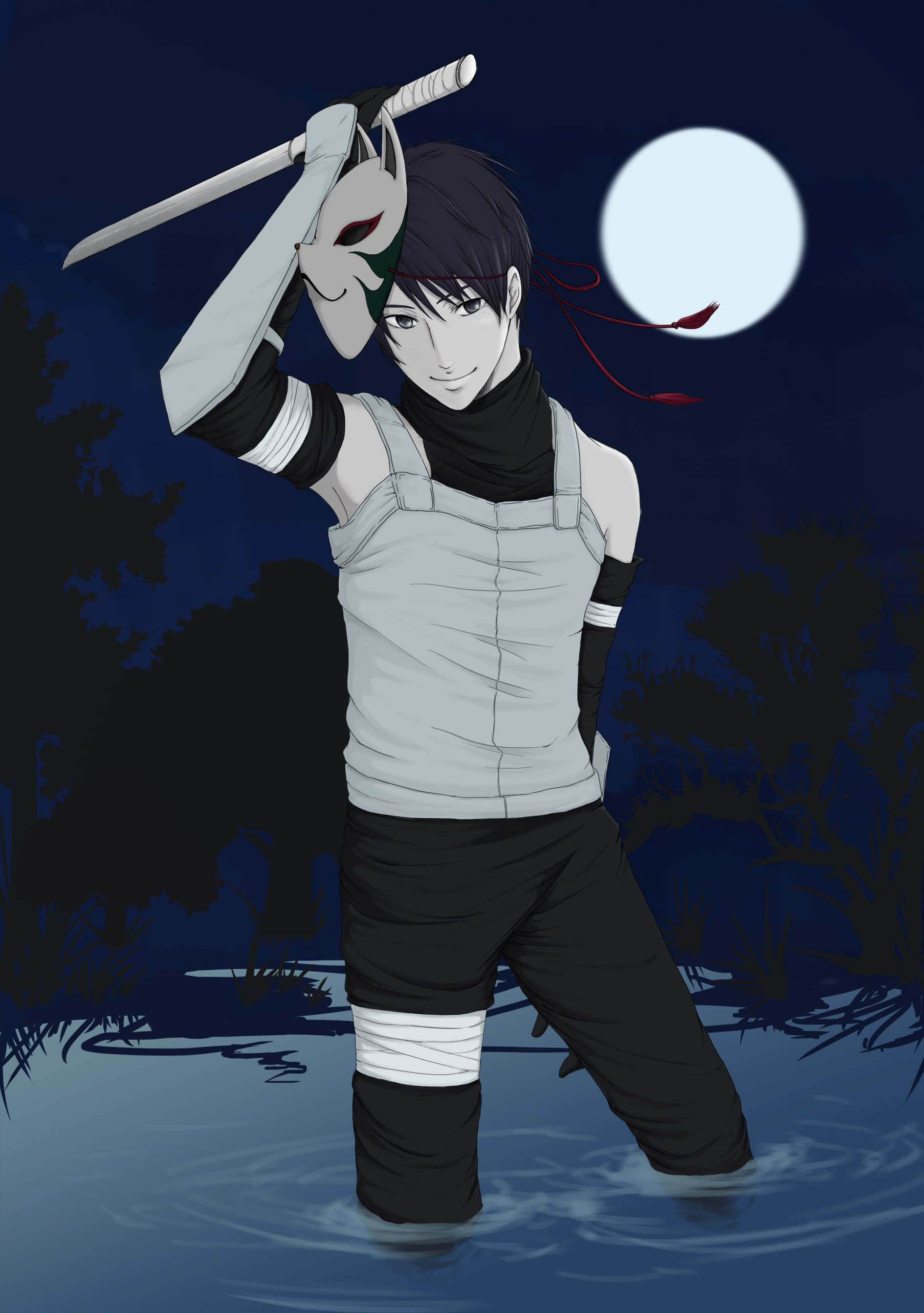 Kakashi, masked anime ninja, moonlit water, 2K Phone Wallpaper