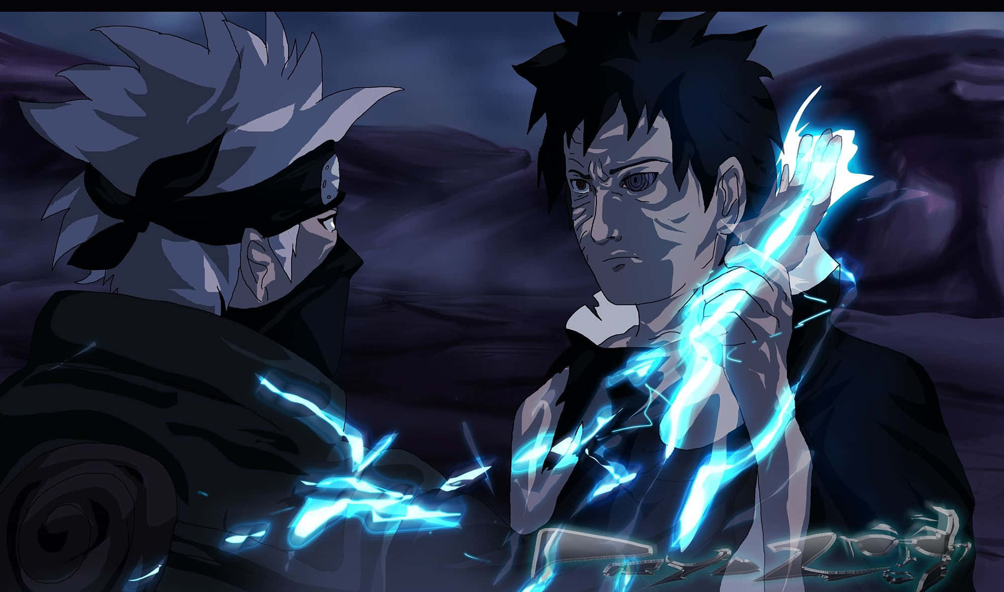 Kakashi, Obito, glowing blue chakra blades, Full HD Desktop Wallpaper