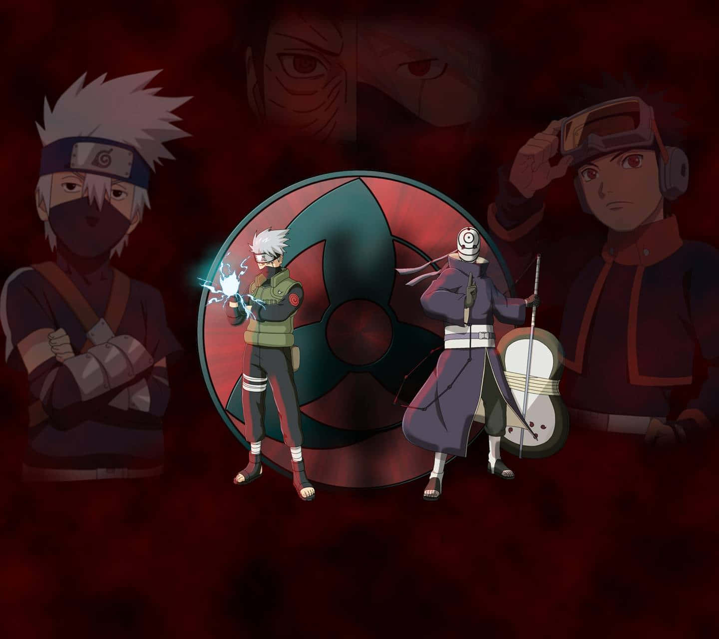 Kakashi And Obito, red and teal fan emblem, dark red background, HD Desktop Wallpaper