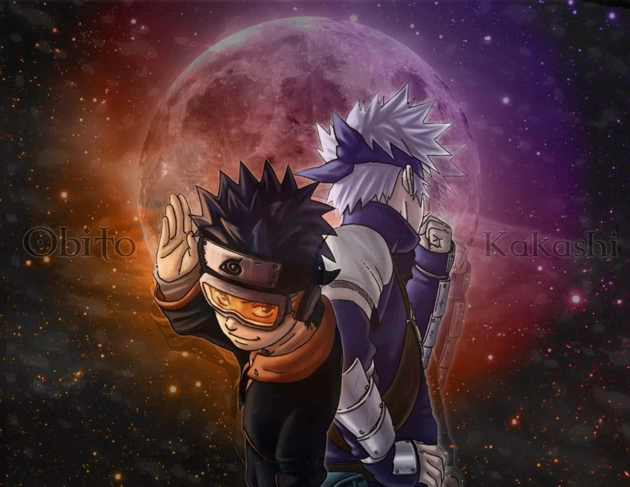 Kakashi And Obito, purple moon, starry cosmic sky, HD Desktop Wallpaper