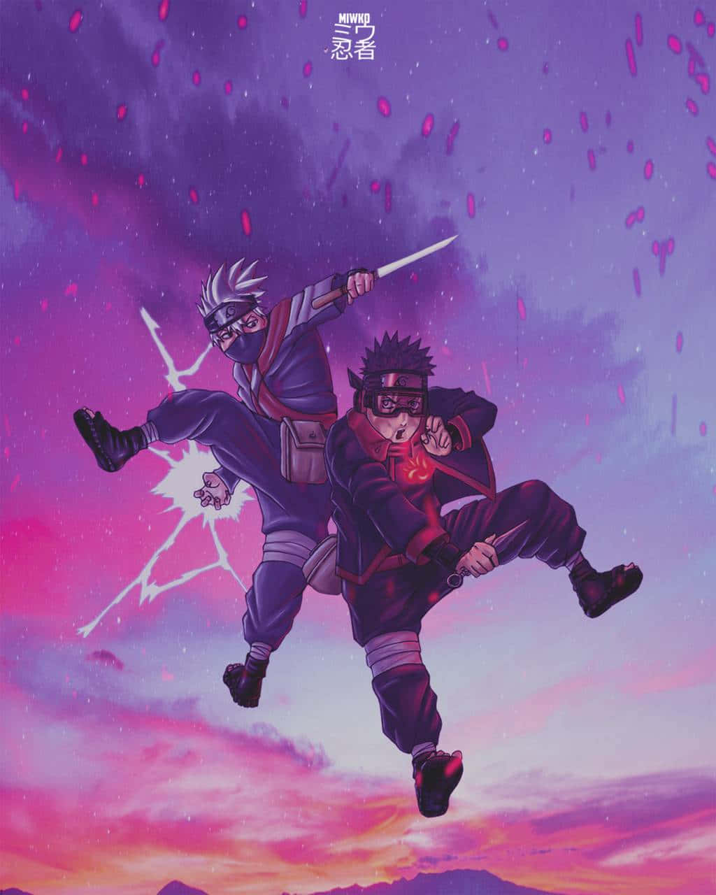 Kakashi, Obito, vibrant purple and pink sunset sky, HD Phone Wallpaper