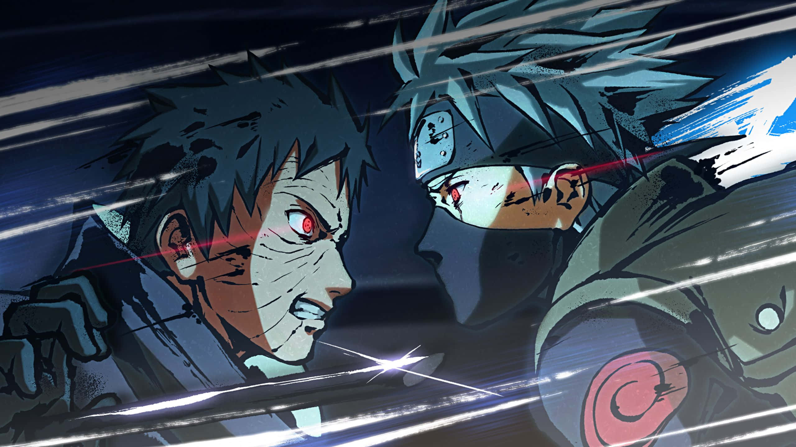 Kakashi And Obito, red eyes, dynamic battle scene, 2K Desktop Wallpaper