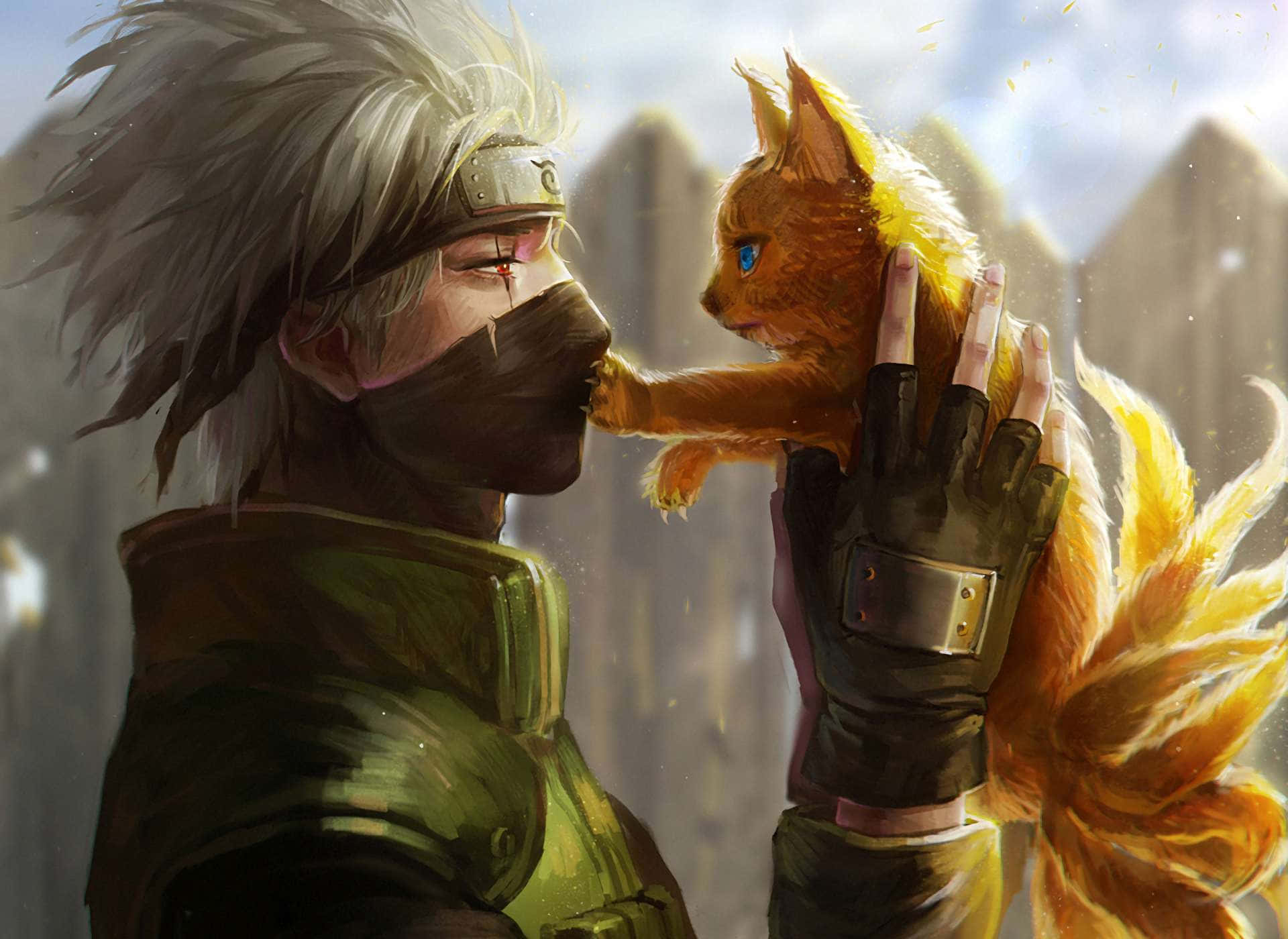 Kakashi, nine-tailed fox kitten, fiery orange, Full HD Desktop Wallpaper