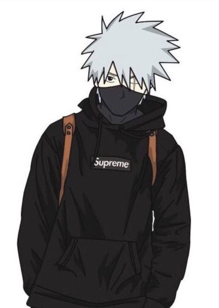 Kakashi Hatake, Supreme logo, black hoodie, SD Phone Wallpaper