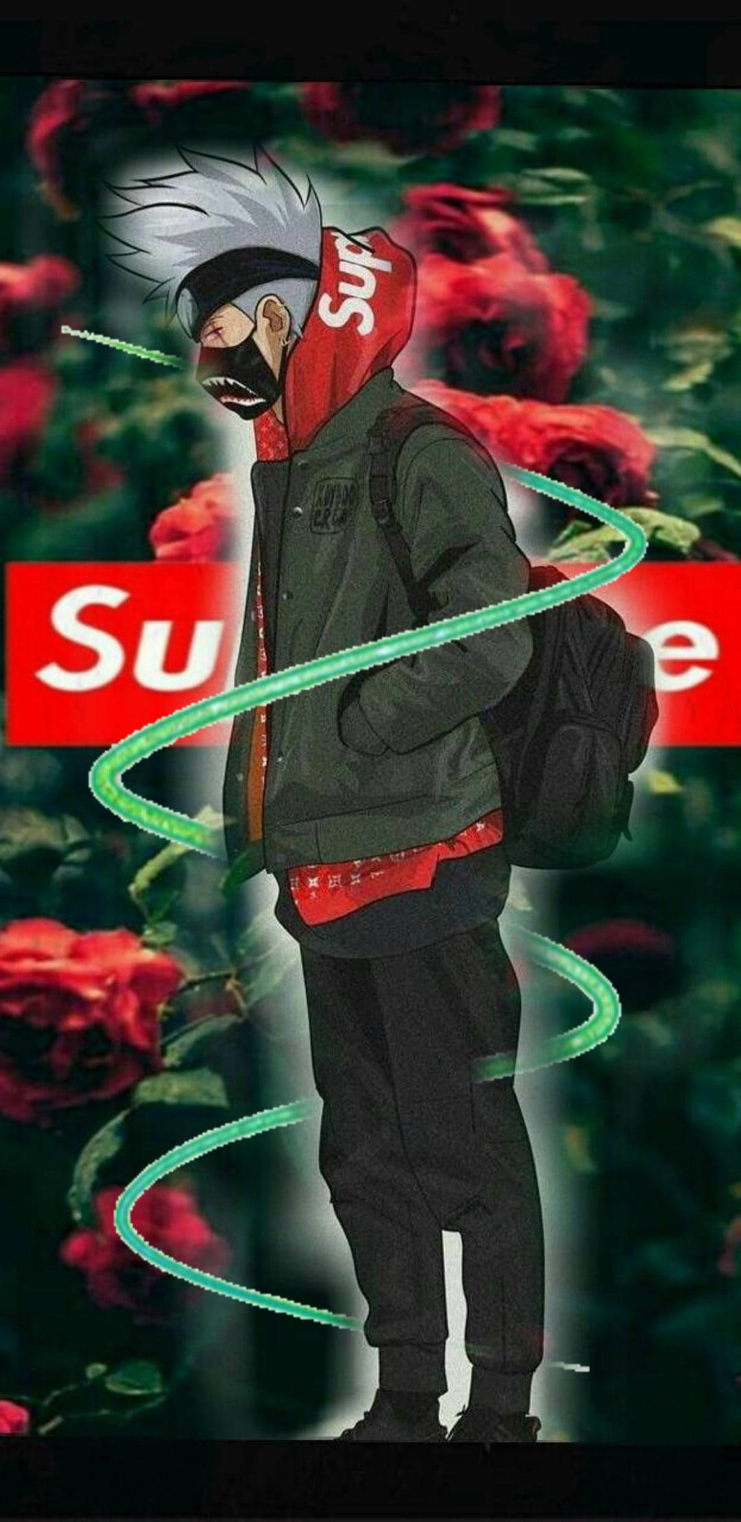 Kakashi Hatake Supreme, red roses, glowing green swirls, Full HD Phone Wallpaper