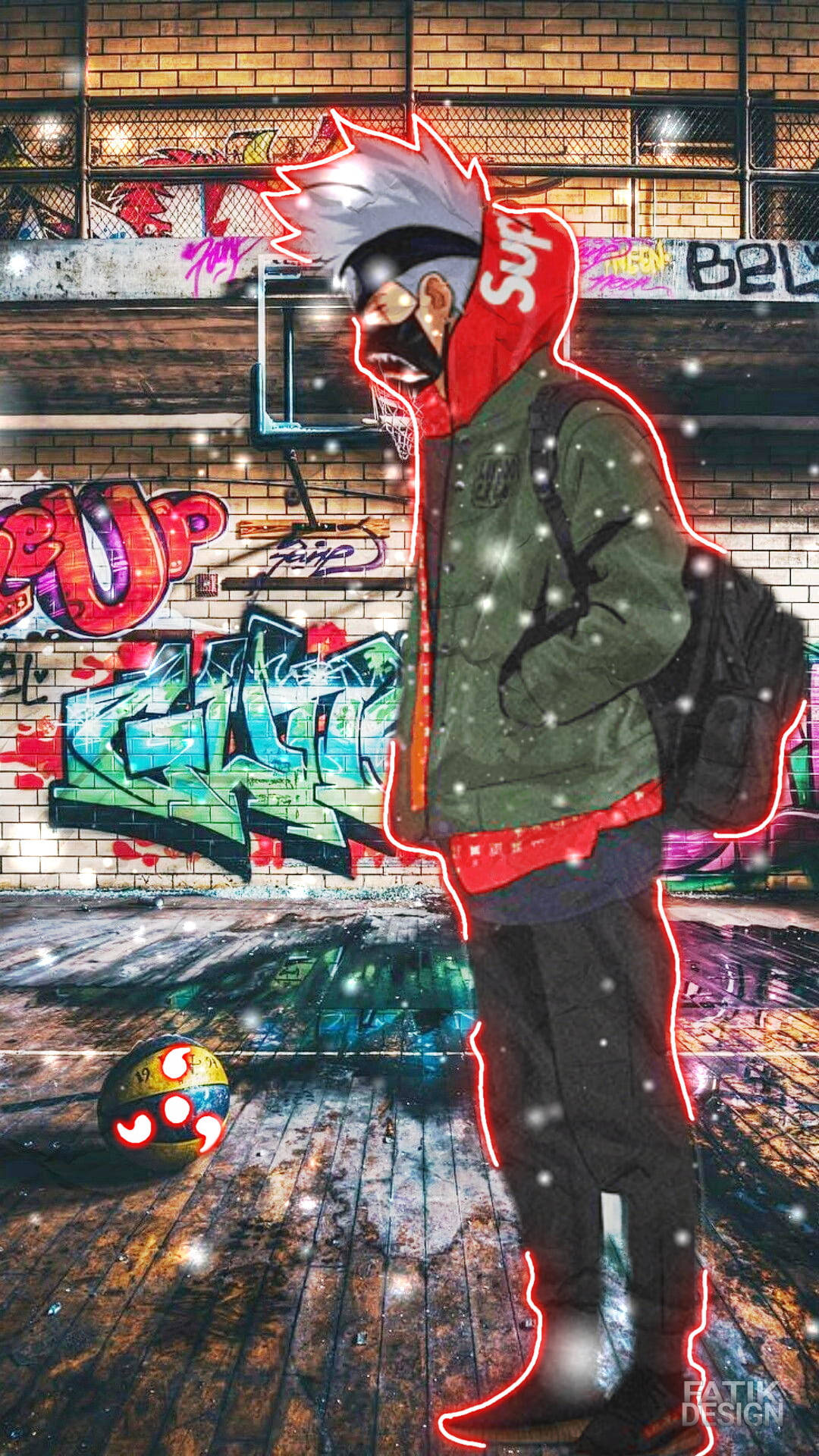 Kakashi Hatake Supreme, neon-outlined anime character, graffiti-covered urban alley, Full HD Phone Wallpaper