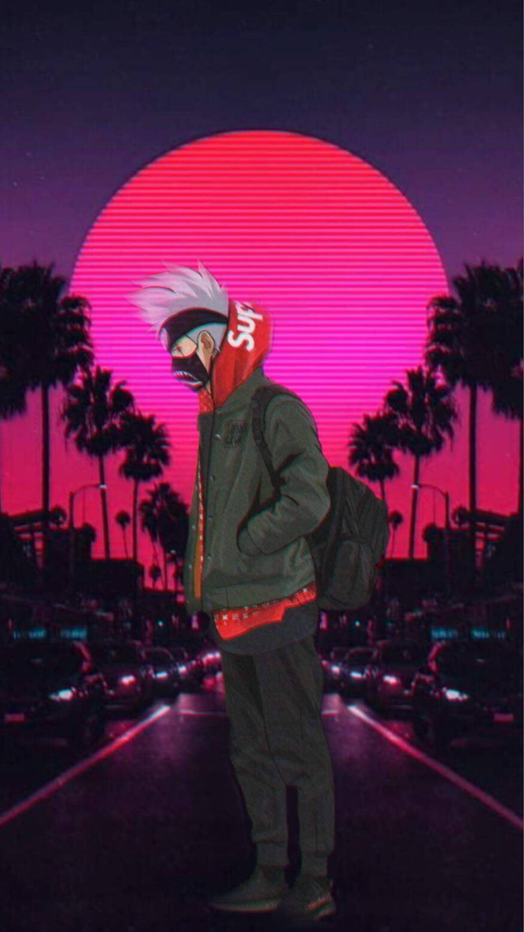 Kakashi Hatake Supreme, retrowave aesthetic, neon-lit street, Full HD Phone Wallpaper