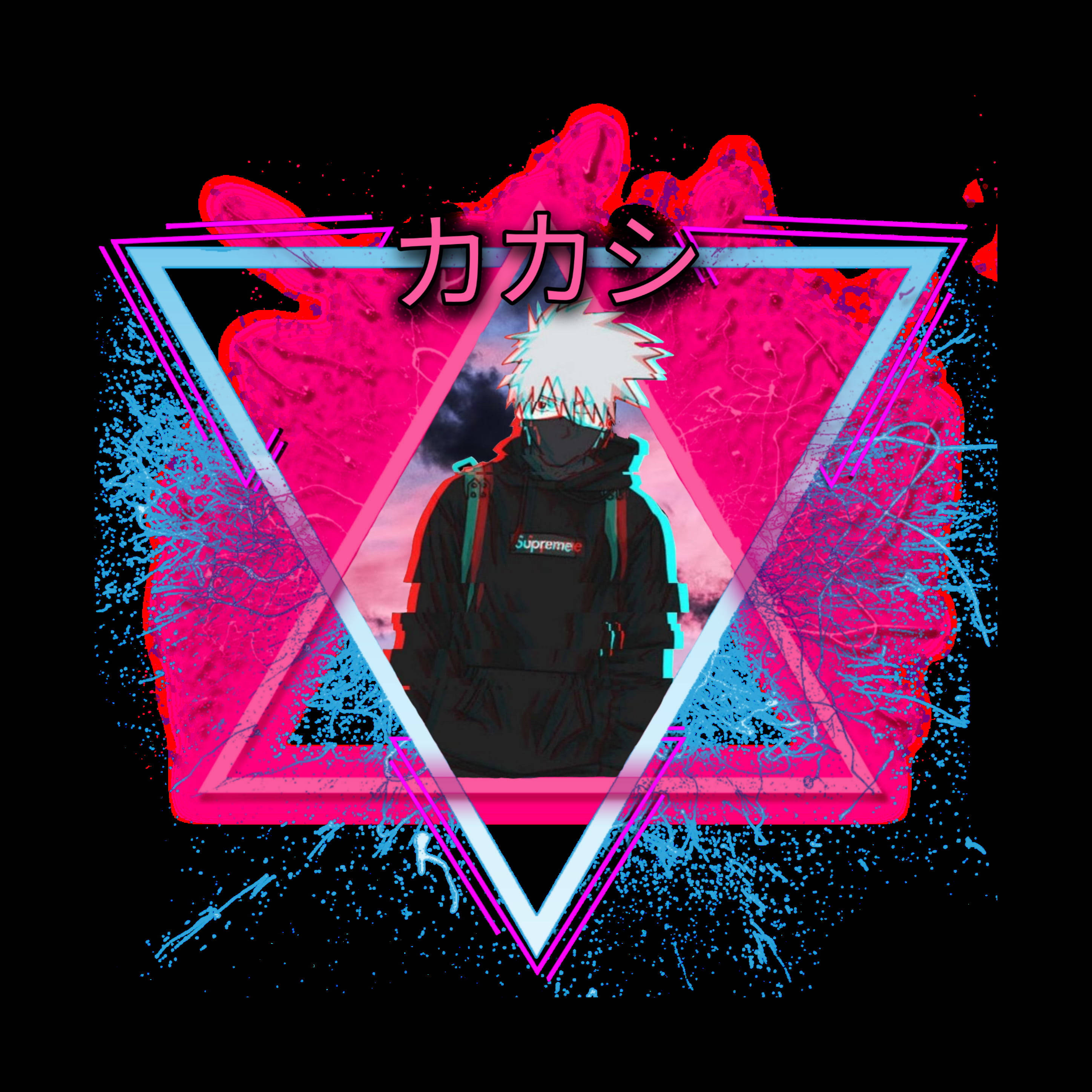 Kakashi Hatake Supreme, neon triangle, pink and blue splatter background, 2K Desktop Wallpaper