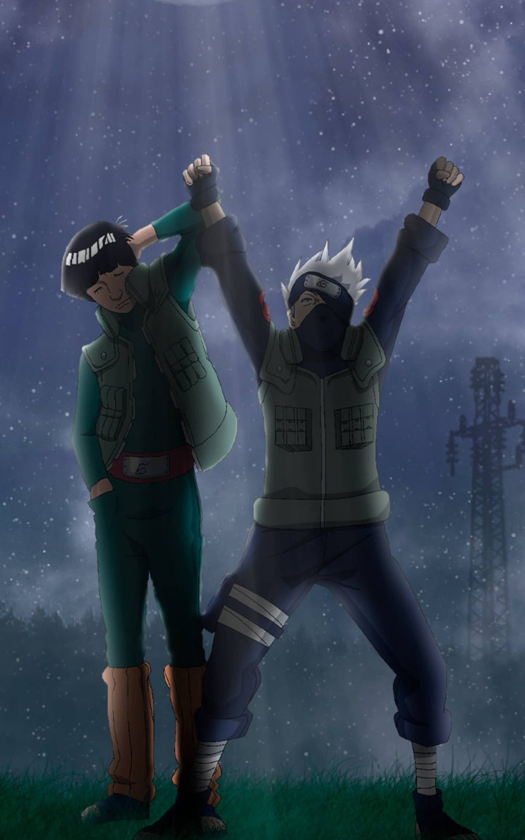 Kakashi Hatake, Guy, starry night sky, 2K Phone Wallpaper