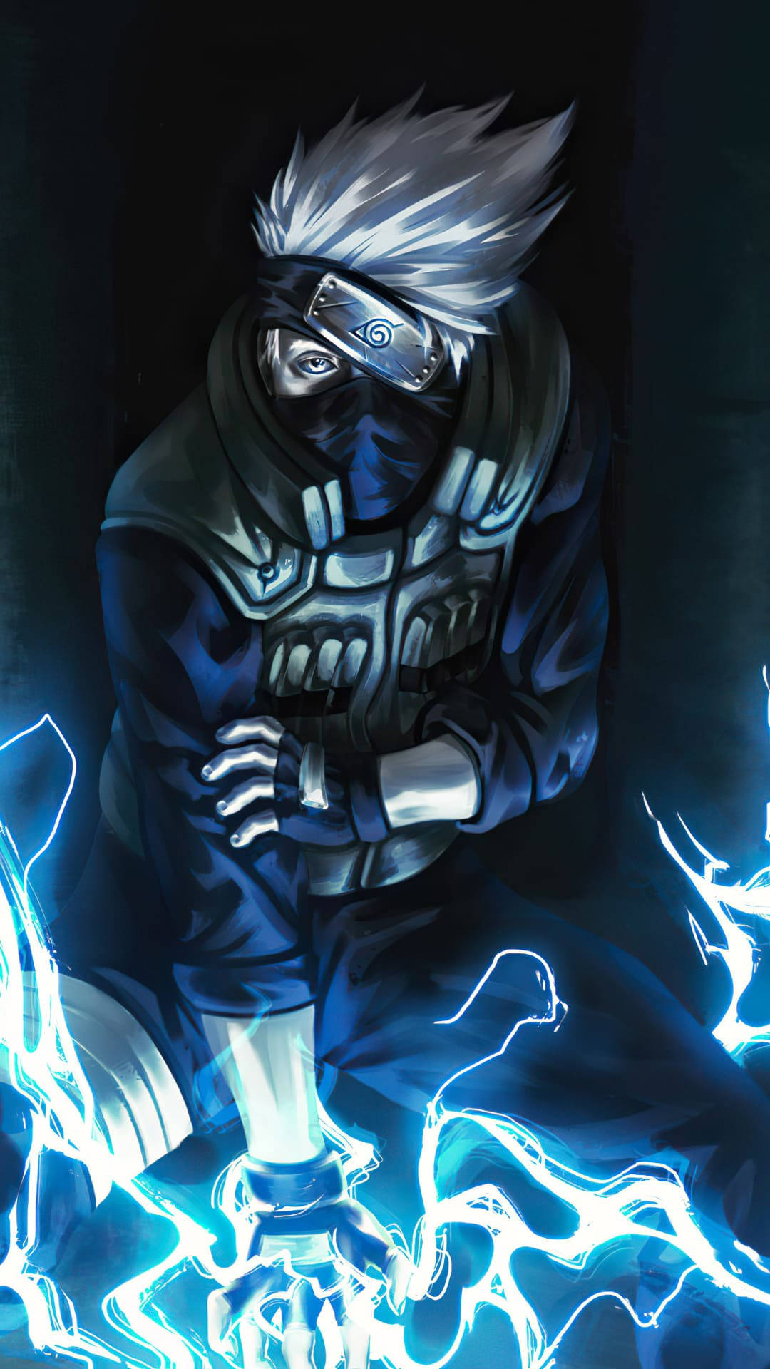 Kakashi Hatake, spiky white hair, glowing blue lightning, Full HD Phone Wallpaper