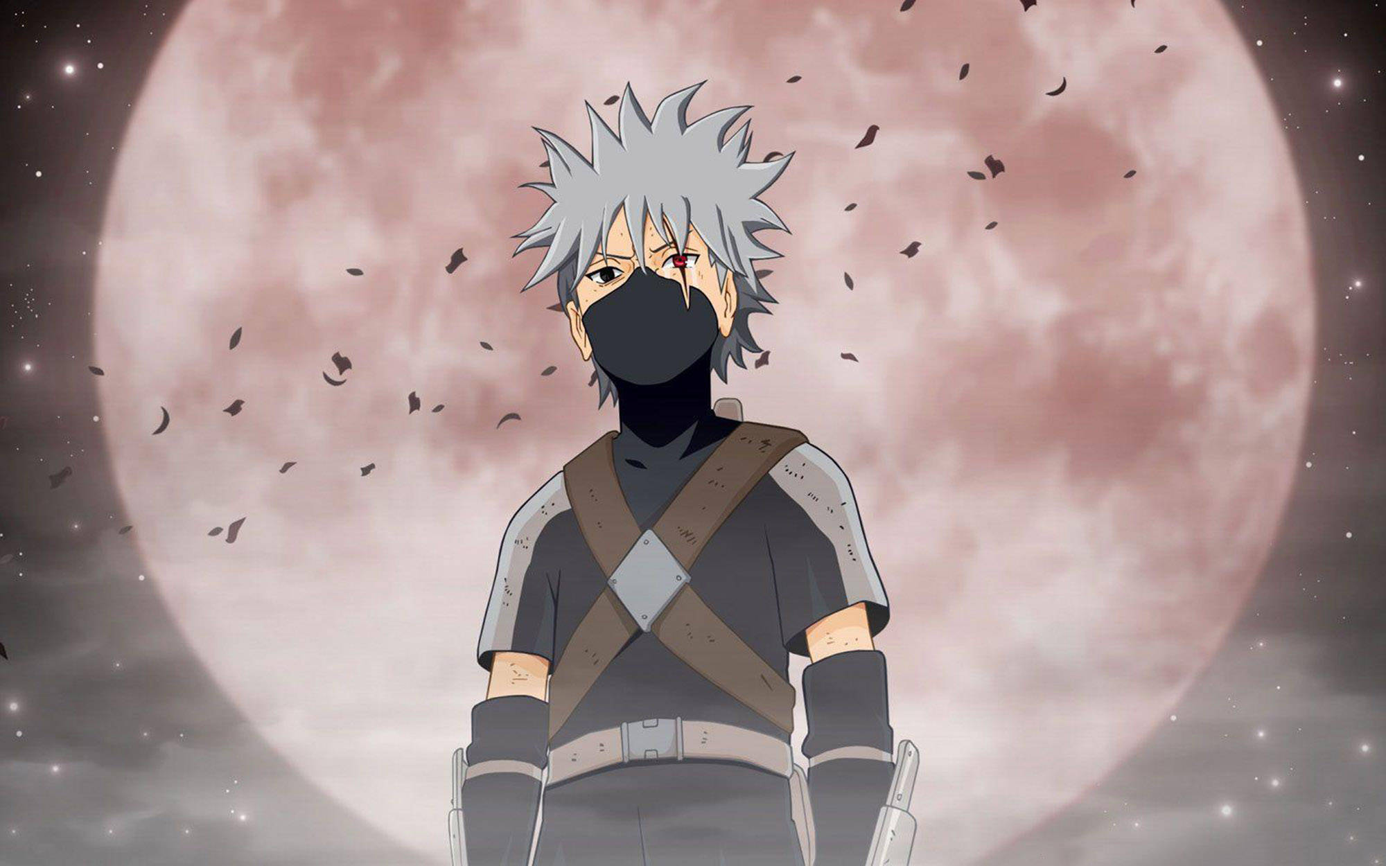 Kakashi PFP, red moon, spiky silver hair, Full HD Desktop Wallpaper