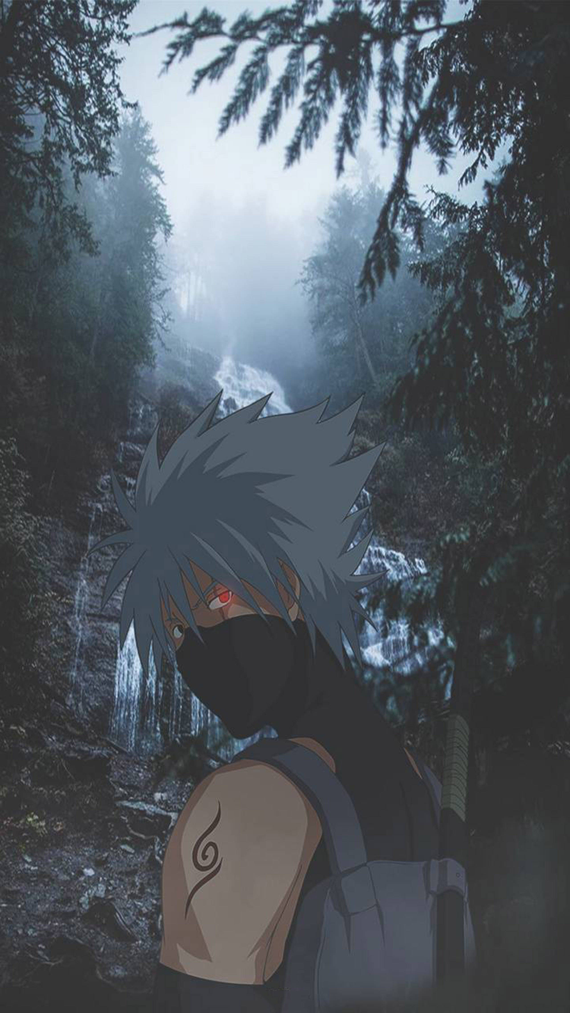 Kakashi, waterfall, misty forest, 2K Phone Wallpaper