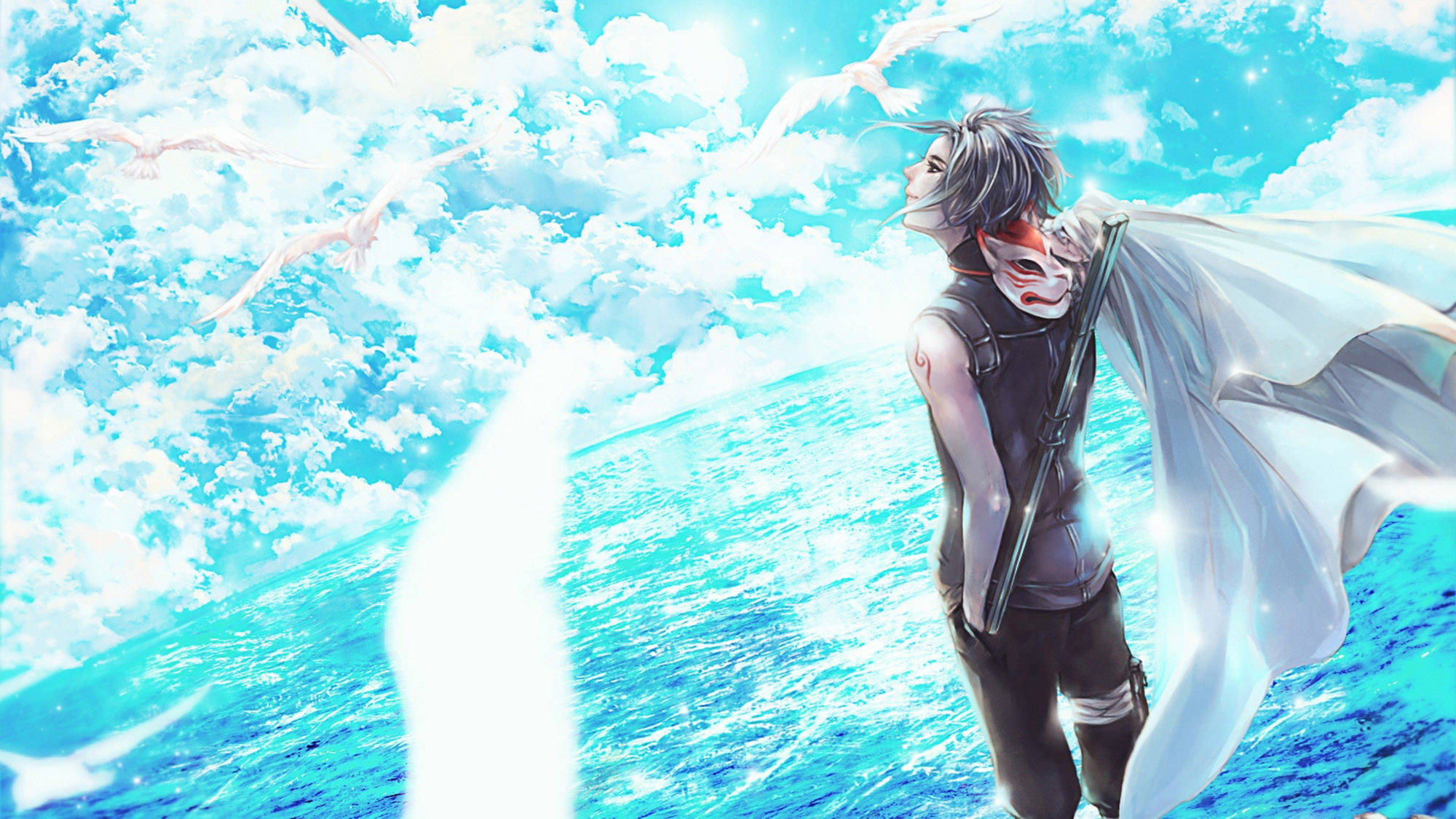 Kakashi, silver-haired, glowing blue ocean, Full HD Desktop Wallpaper