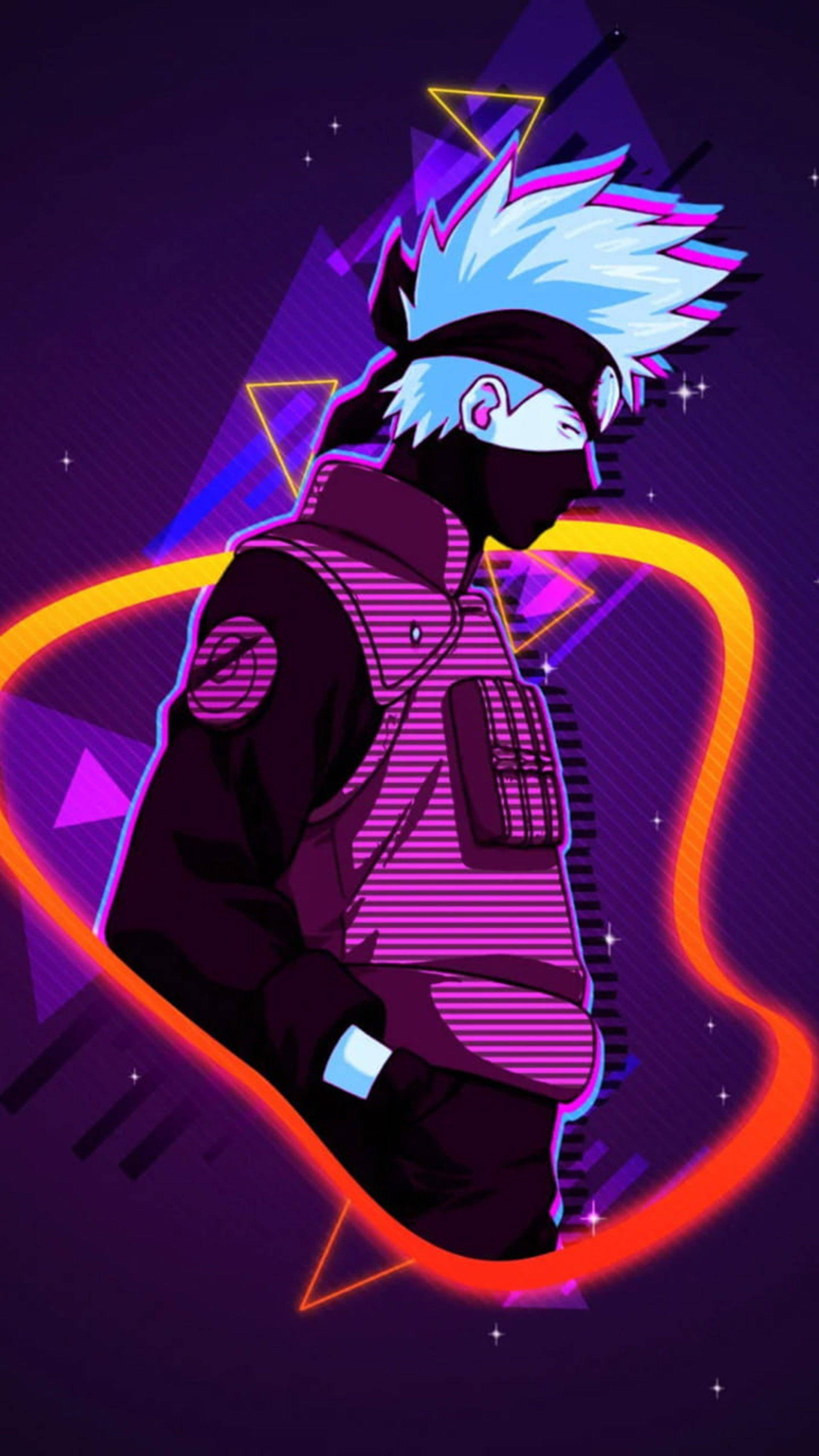 Kakashi, neon art, spiky blue hair, 2K Phone Wallpaper