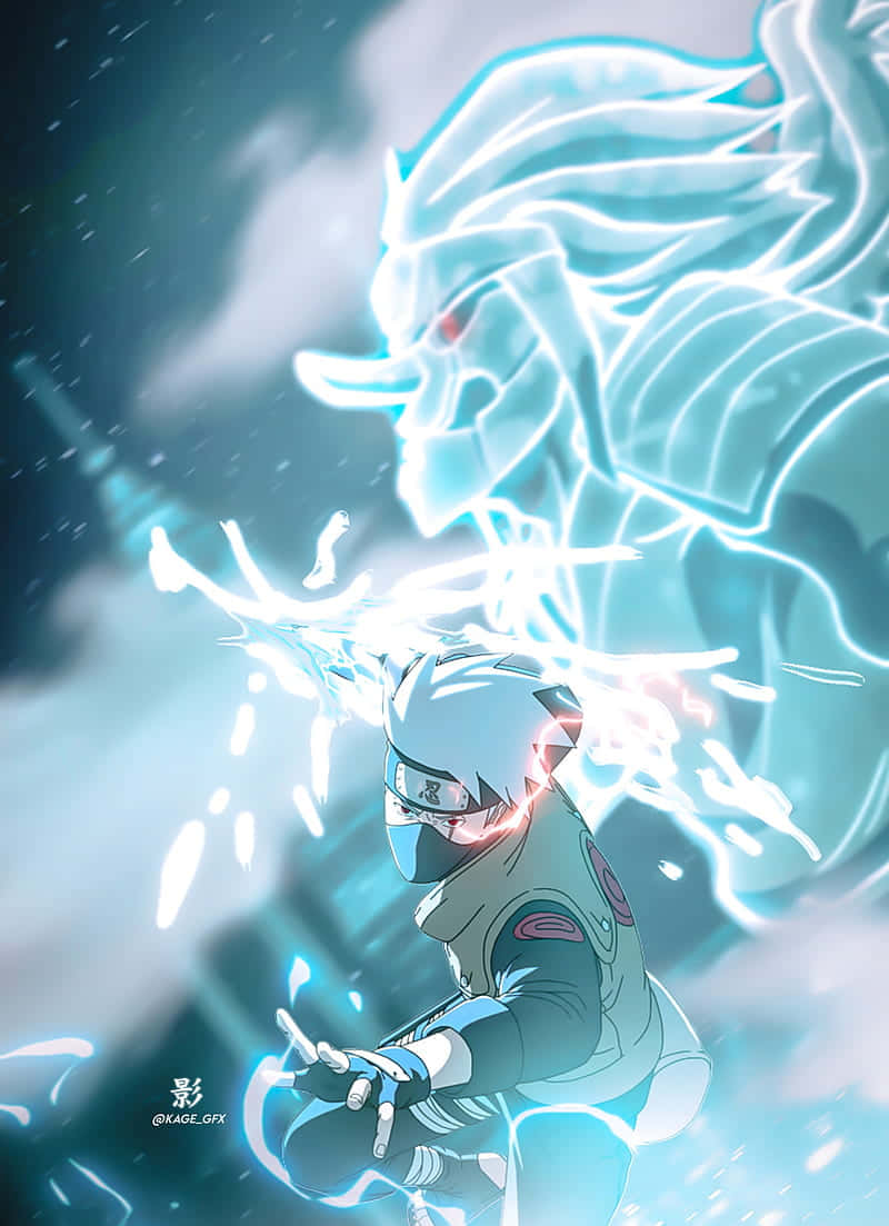 Kakashi Susanoo, glowing blue chakra beast, stormy sky, SD Phone Wallpaper