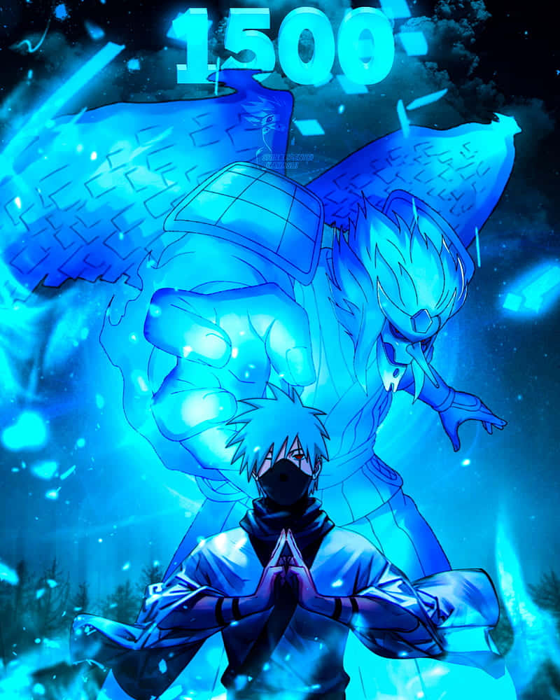 Kakashi Susanoo, blue-hued anime character, giant glowing blue bird-like entity, SD Phone Wallpaper