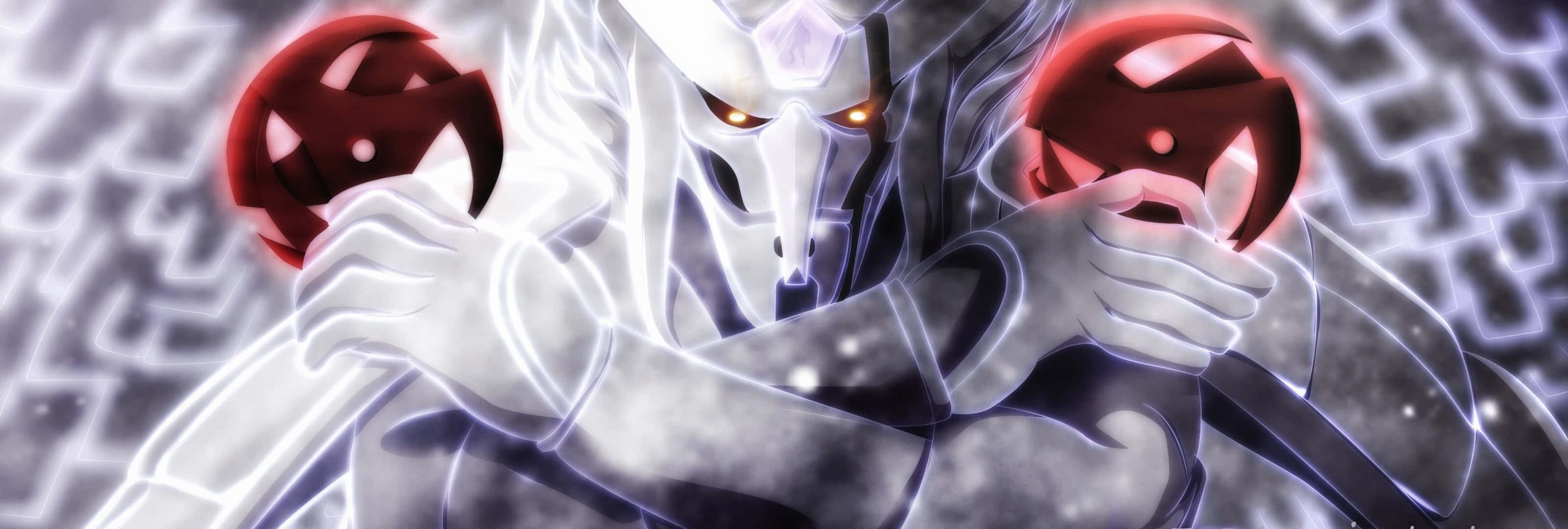 Kakashi Susanoo, glowing orange eyes, red tomoe-ringed orbs, 2K Desktop Wallpaper