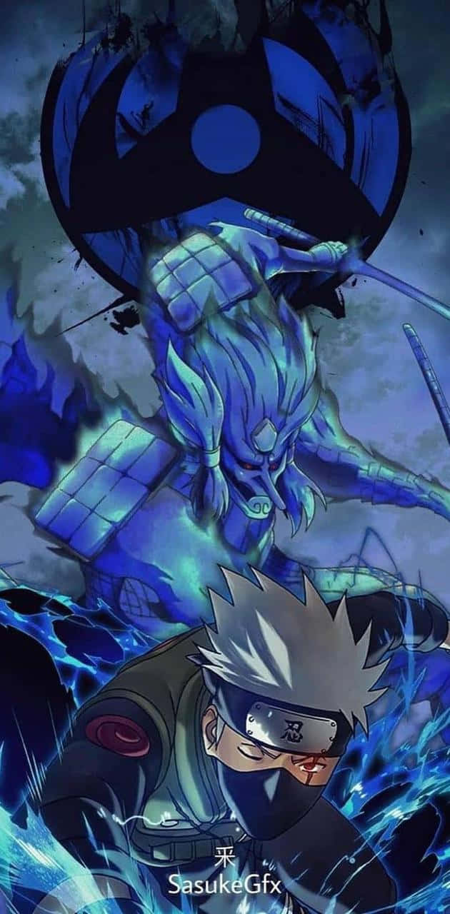 Kakashi Susanoo, blue-charged ninja, towering armored demon, HD Phone Wallpaper