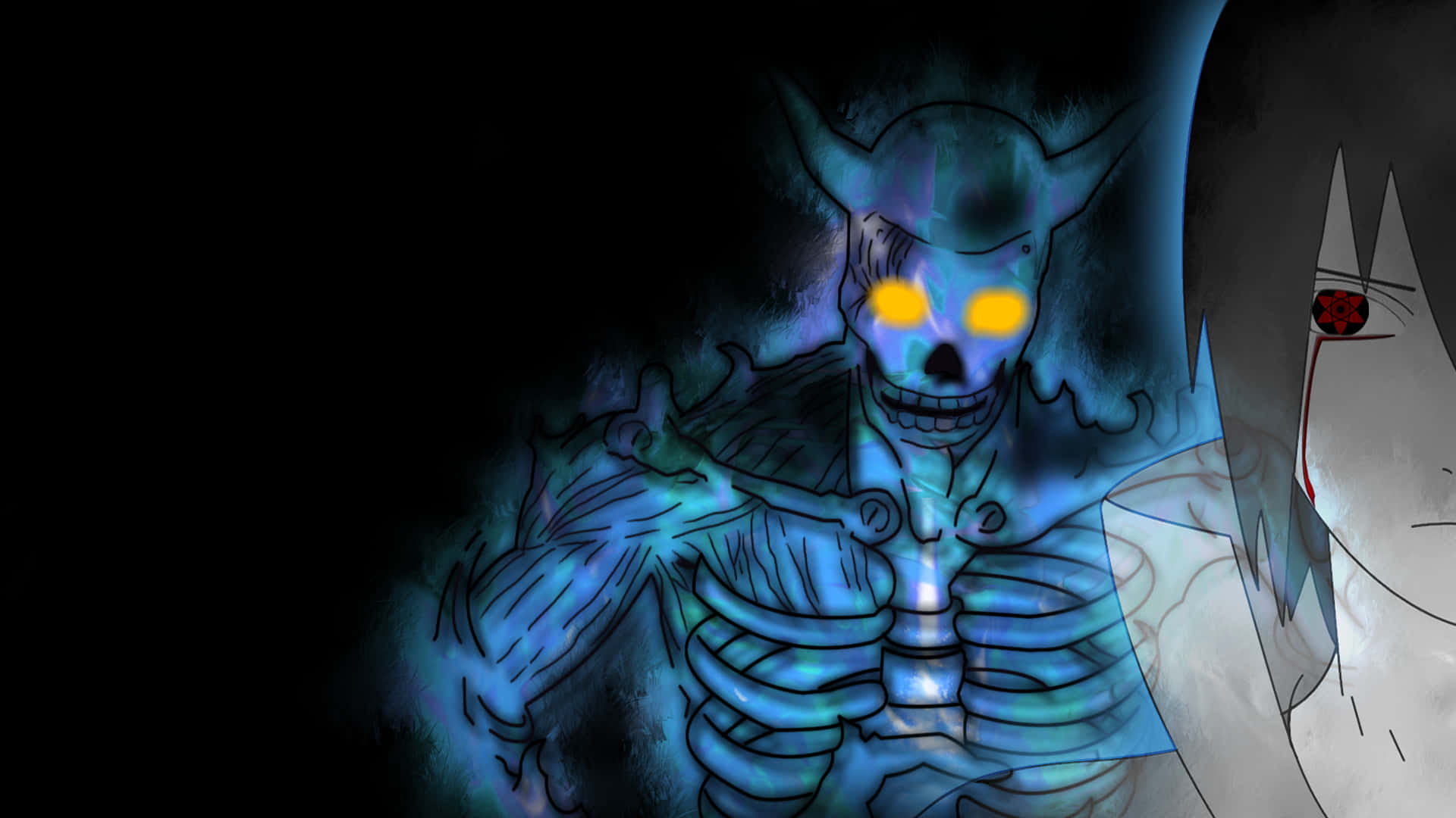 Kakashi Susanoo, glowing blue skeletal demon, yellow eyes, Full HD Desktop Wallpaper