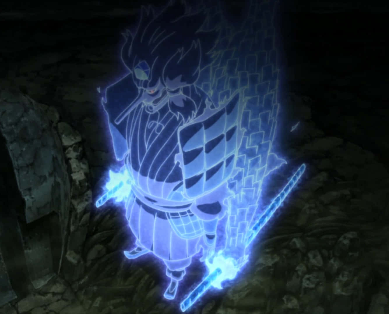 Kakashi Susanoo, glowing blue anime warrior, spiky hair, HD Desktop Wallpaper