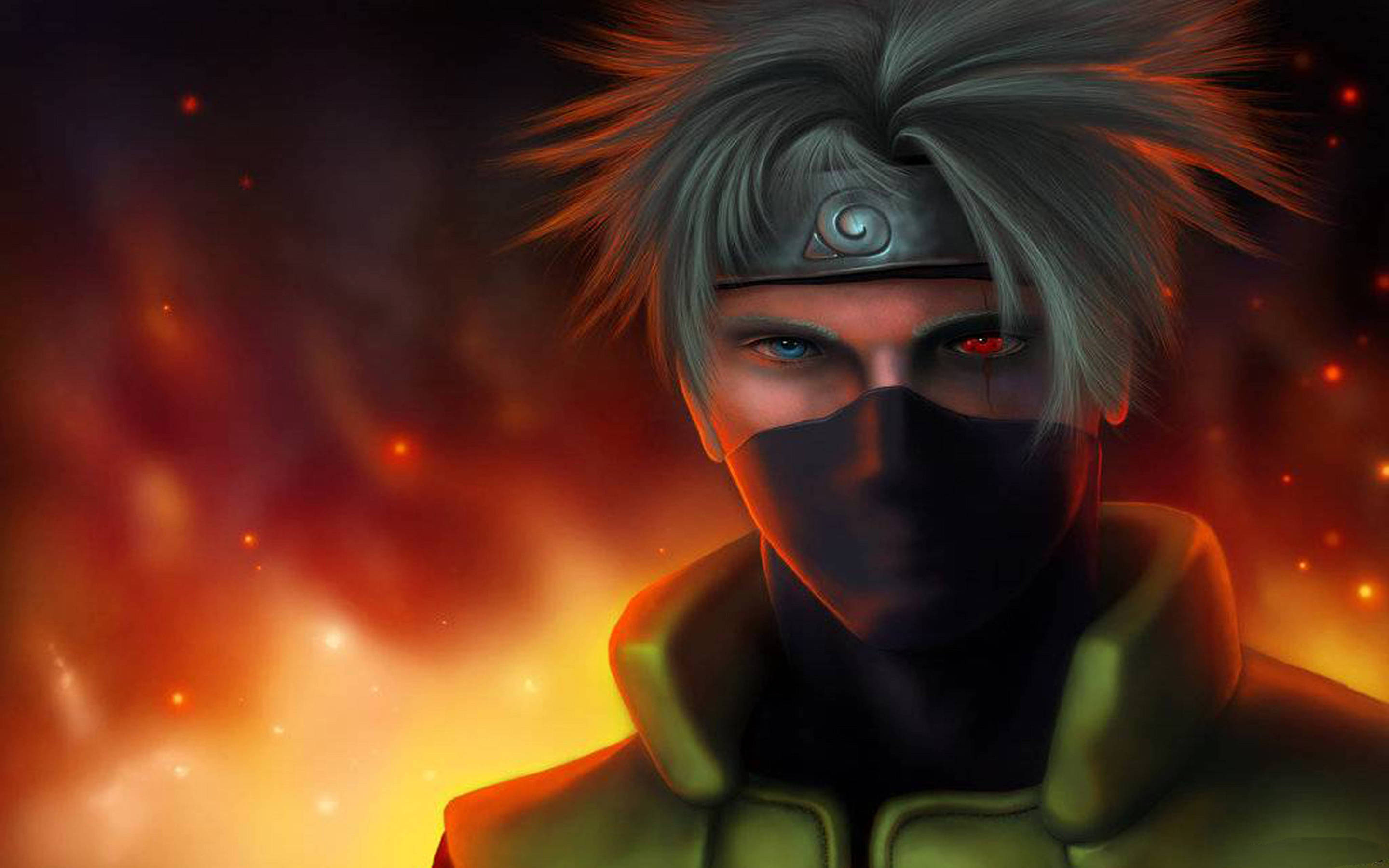 Kakashi, spiky silver hair, glowing red eye, 2K Desktop Wallpaper