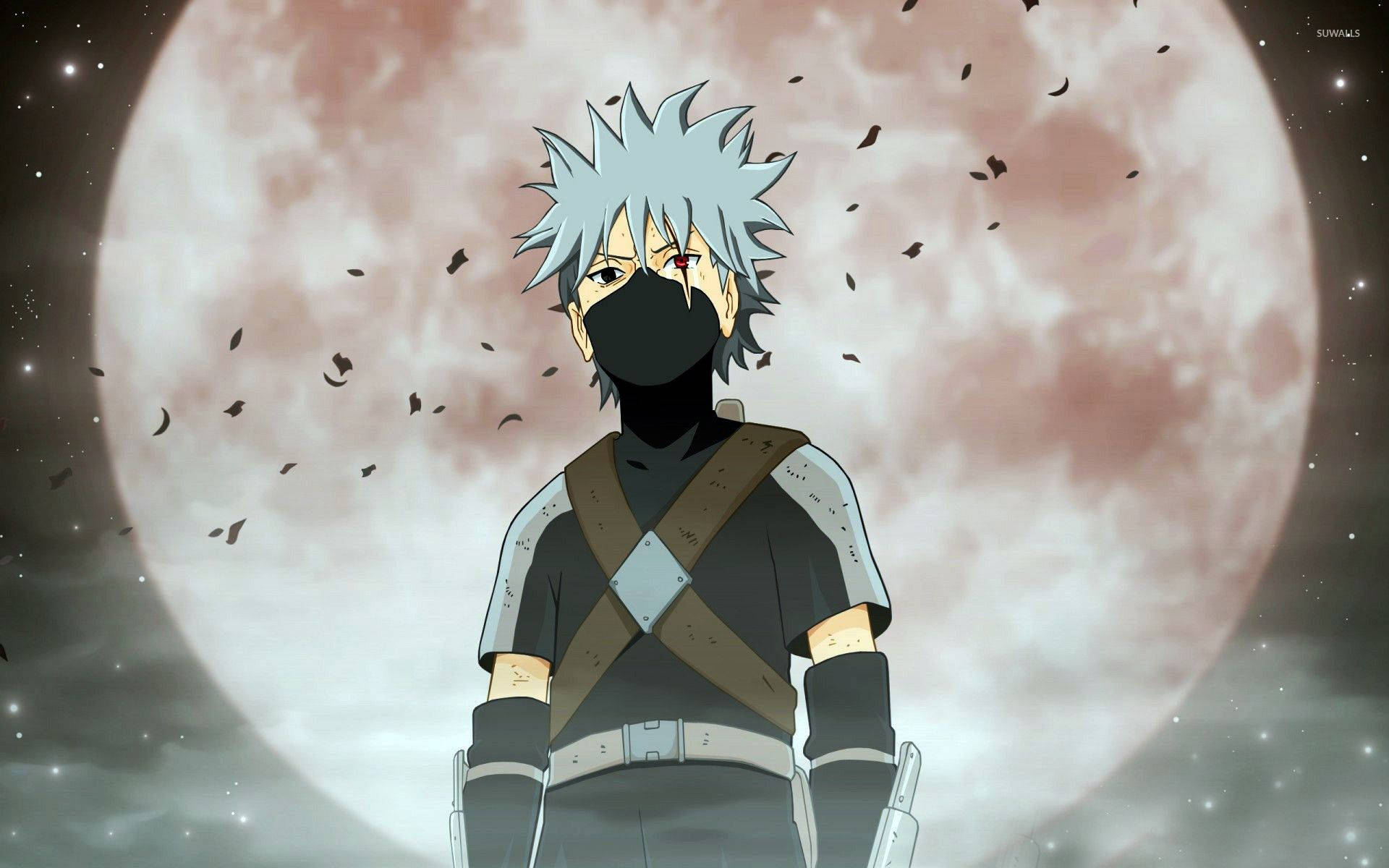 Kakashi, pink supermoon, spiky-haired masked anime ninja, Full HD Desktop Wallpaper