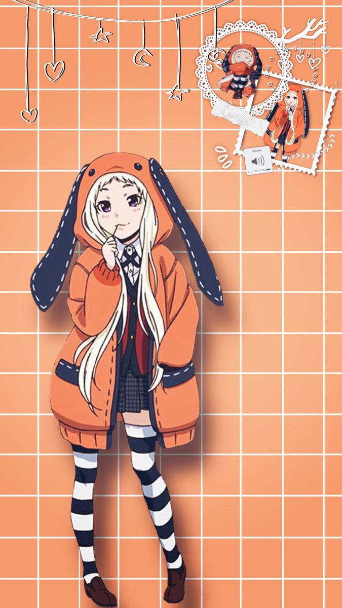 Kakegurui Runa, orange bunny hoodie, peach grid wall, SD Phone Wallpaper
