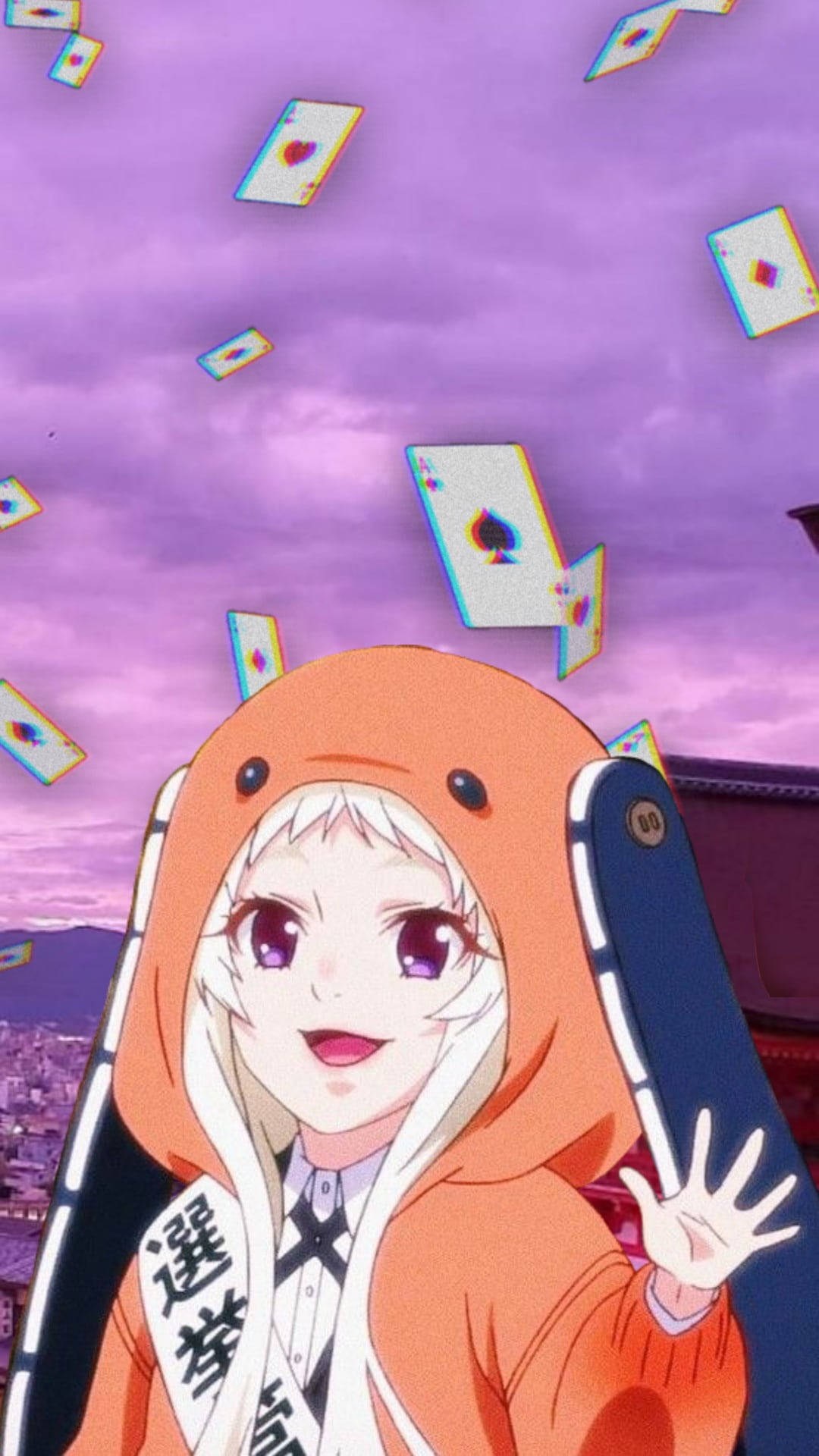 Kakegurui Runa, orange shark hoodie, playing cards, Full HD Phone Wallpaper