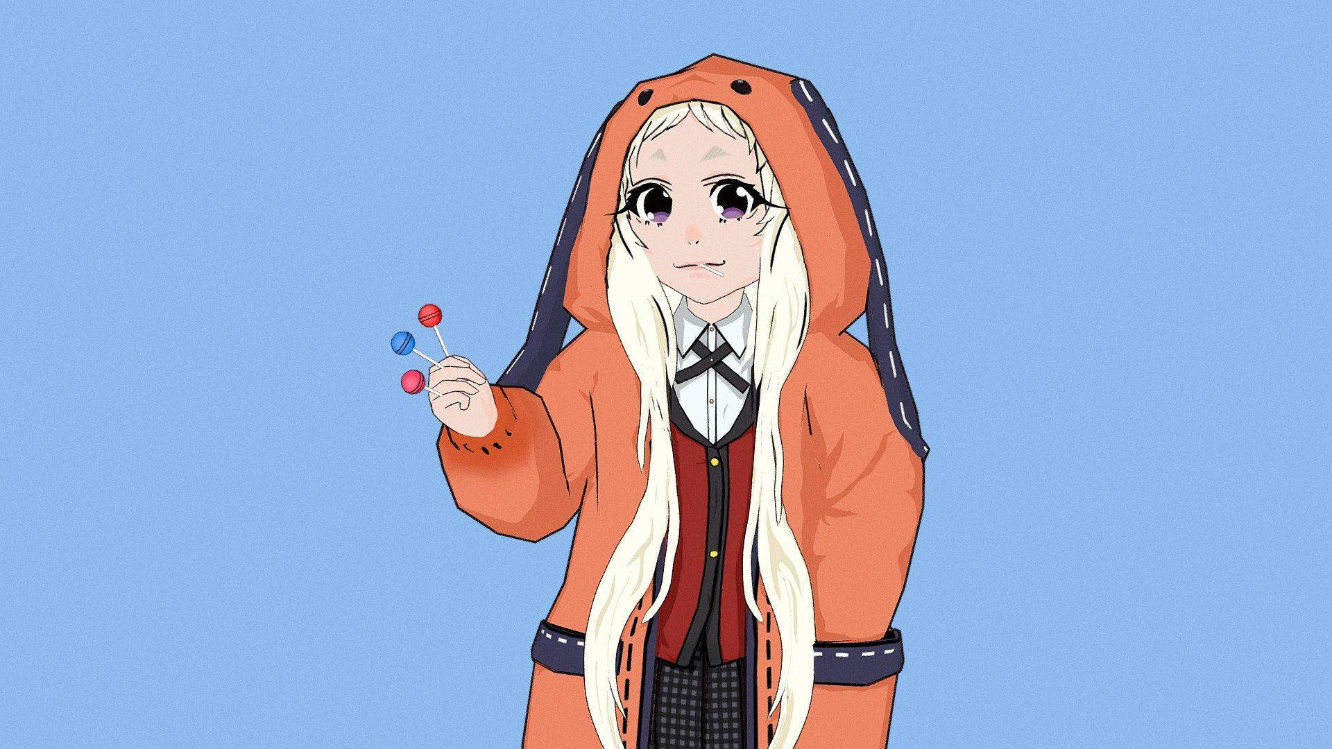 Kakegurui Runa, lollipop blue, long white hair, Full HD Desktop Wallpaper