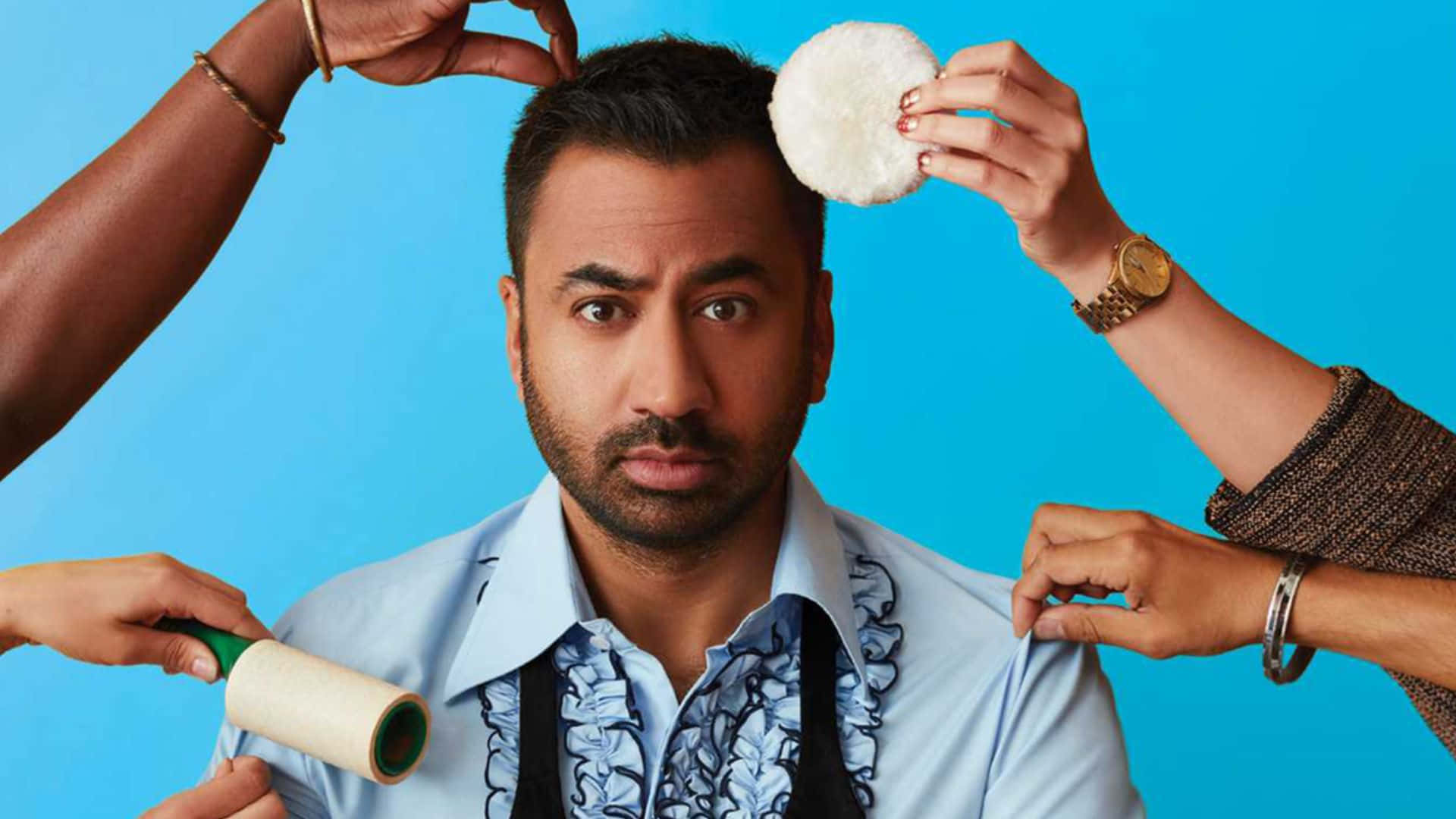 Kal Penn, light blue shirt, bright blue background, Full HD Desktop Wallpaper