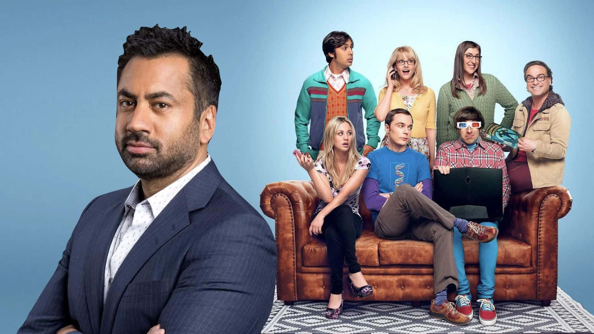 Kal Penn, brown leather couch, solid blue background, Full HD Desktop Wallpaper
