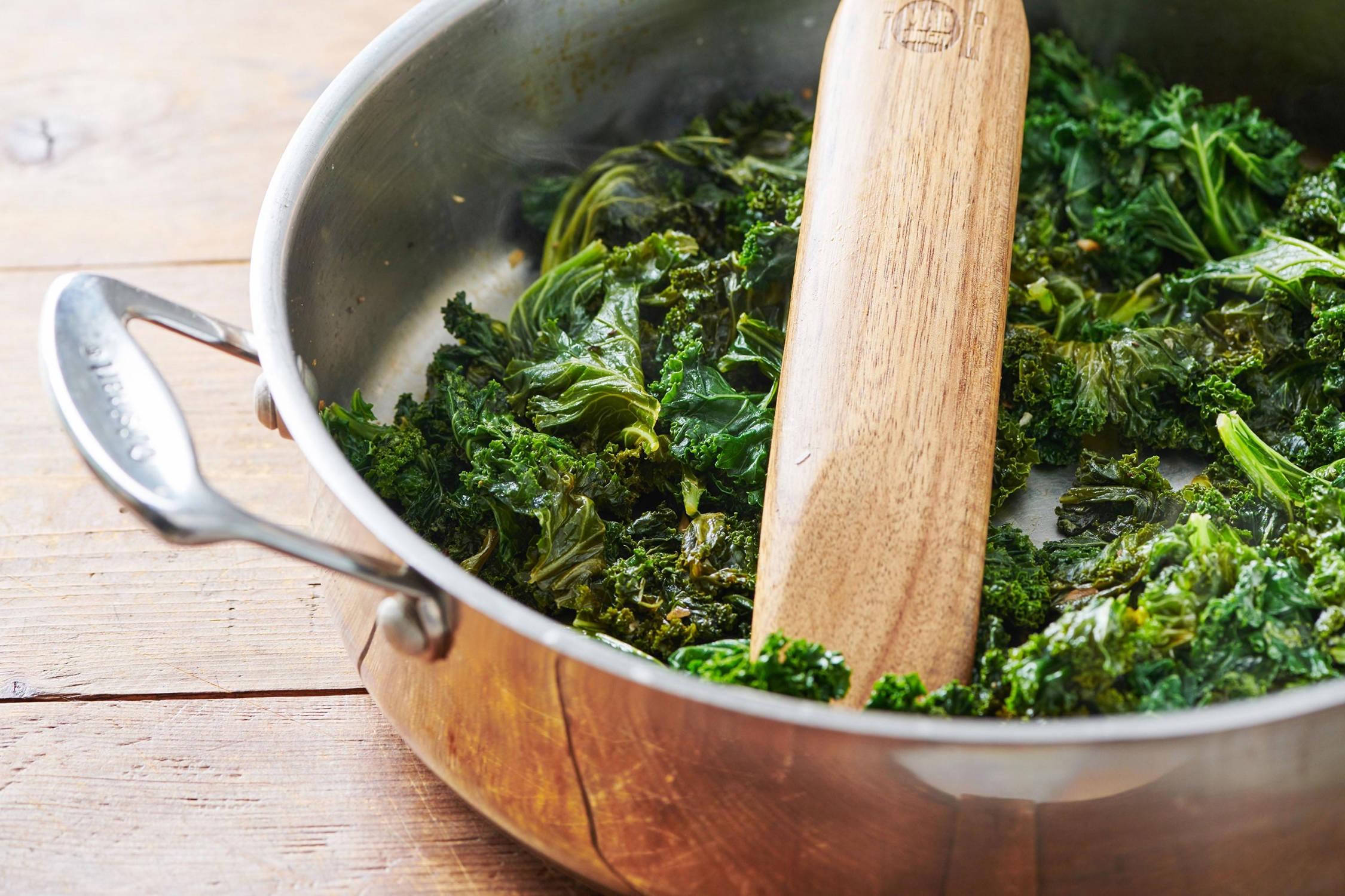 curly kale, copper pan, wooden spoon, Full HD Desktop Wallpaper