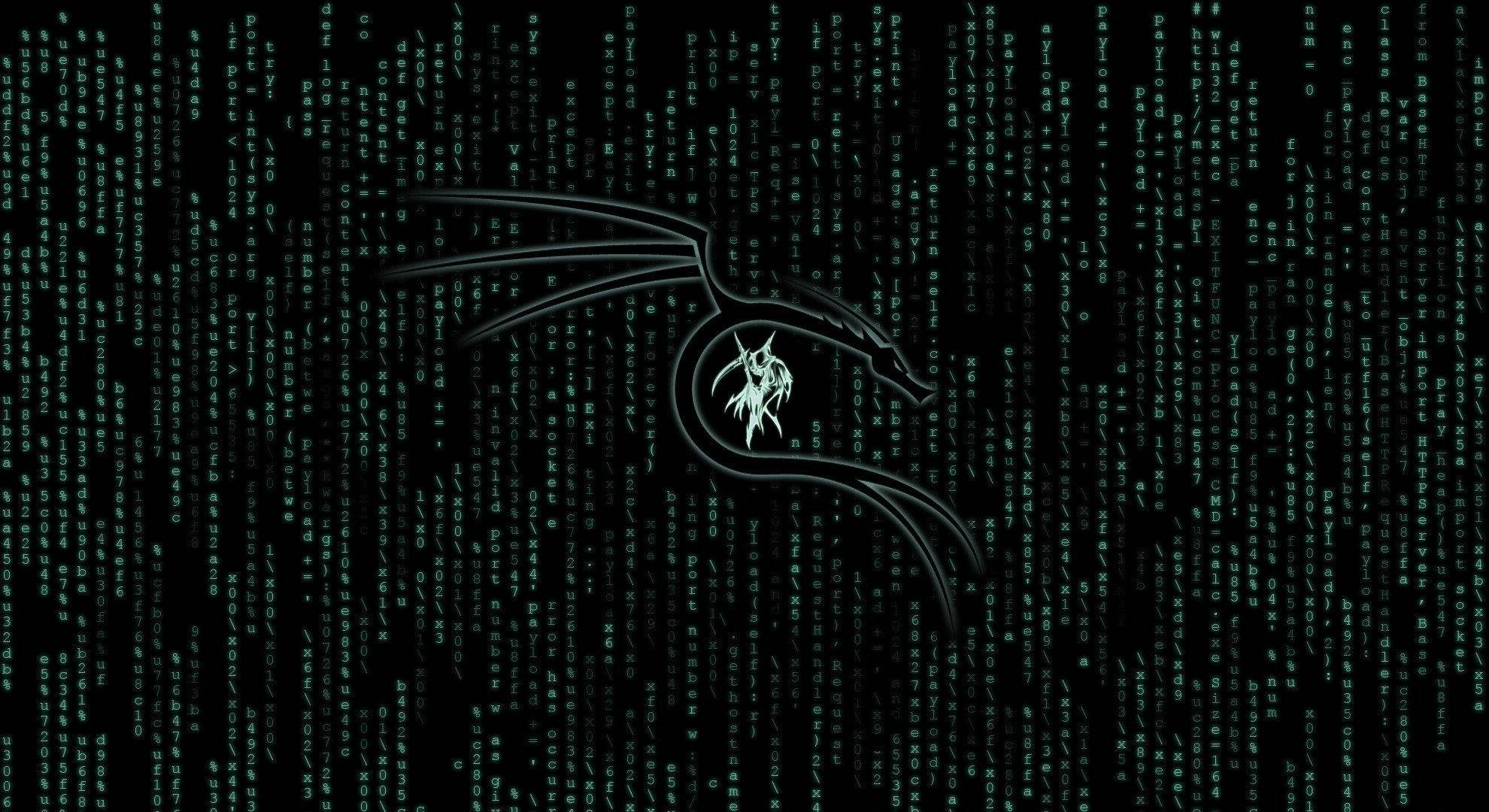 Kali Linux, glowing green dragon emblem, cascading digital code, Full HD Desktop Wallpaper